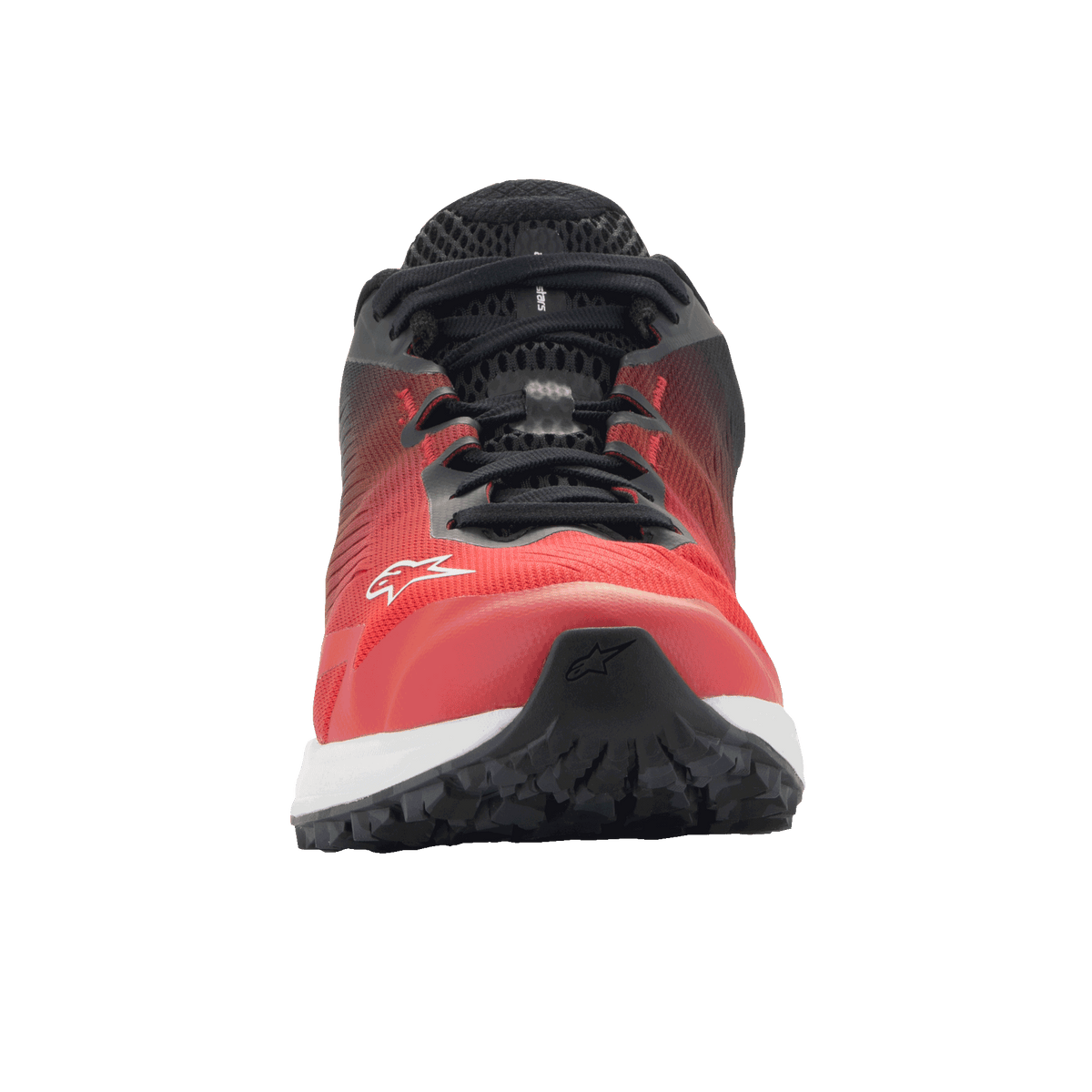 Alpinestars Meta Road V2 Shoes, buty sportowe, czerwone, czarne i białe, widok z przodu z oddychającą cholewką z siateczki i białym logo Alpinestars, lekka konstrukcja typu workwear dla zespołów wyścigowych