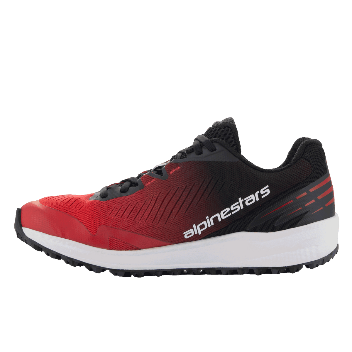 Buty Alpinestars Meta Road V2, buty sportowe, czerwono-czarny gradient z białą podeszwą środkową, profil boczny z białym napisem Alpinestars, lekka sportowa konstrukcja zapewniająca całodzienny komfort