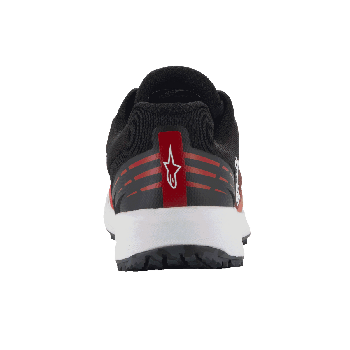 Alpinestars Meta Road V2 Shoes, buty sportowe, czerwono-czarno-białe, widok z tyłu ukazujący detal pięty z białym logo Astars na czerwonym pasku, poziome czerwone akcenty, czarna siateczkowa cholewka i biała podeszwa środkowa