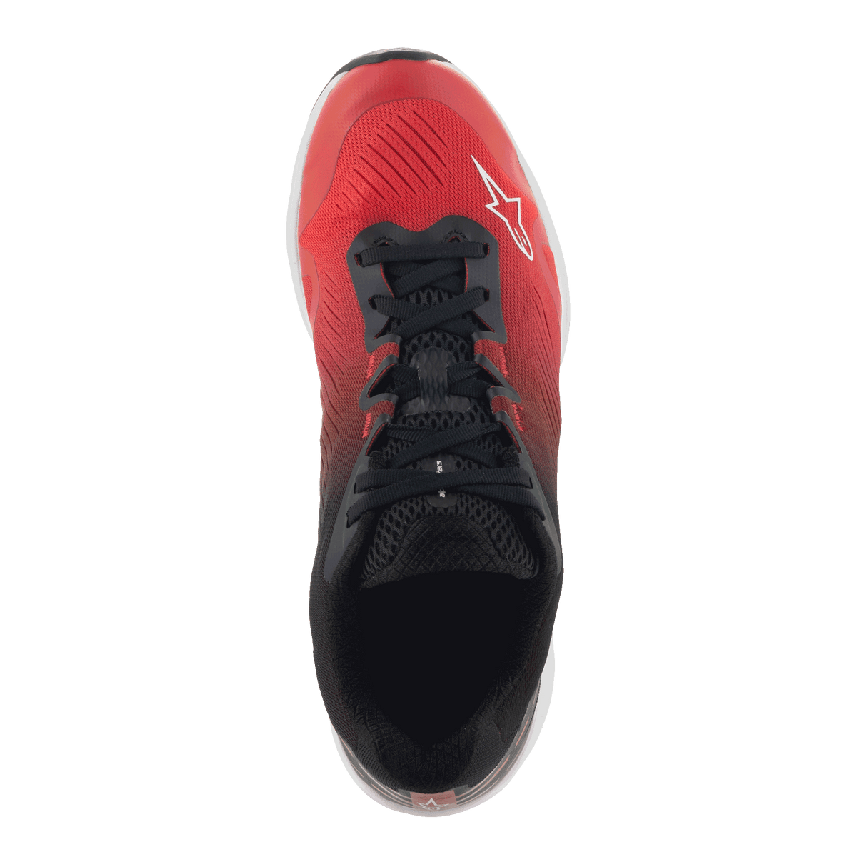 Buty Alpinestars Meta Road V2, buty sportowe, czerwono-czarno-białe, widok z góry przedstawiający gradient od czerwieni do czerni, czarne sznurowadła, białe logo Alpinestars, zaprojektowane dla całodziennego komfortu i jako odzież robocza dla zespołów wyścigowych
