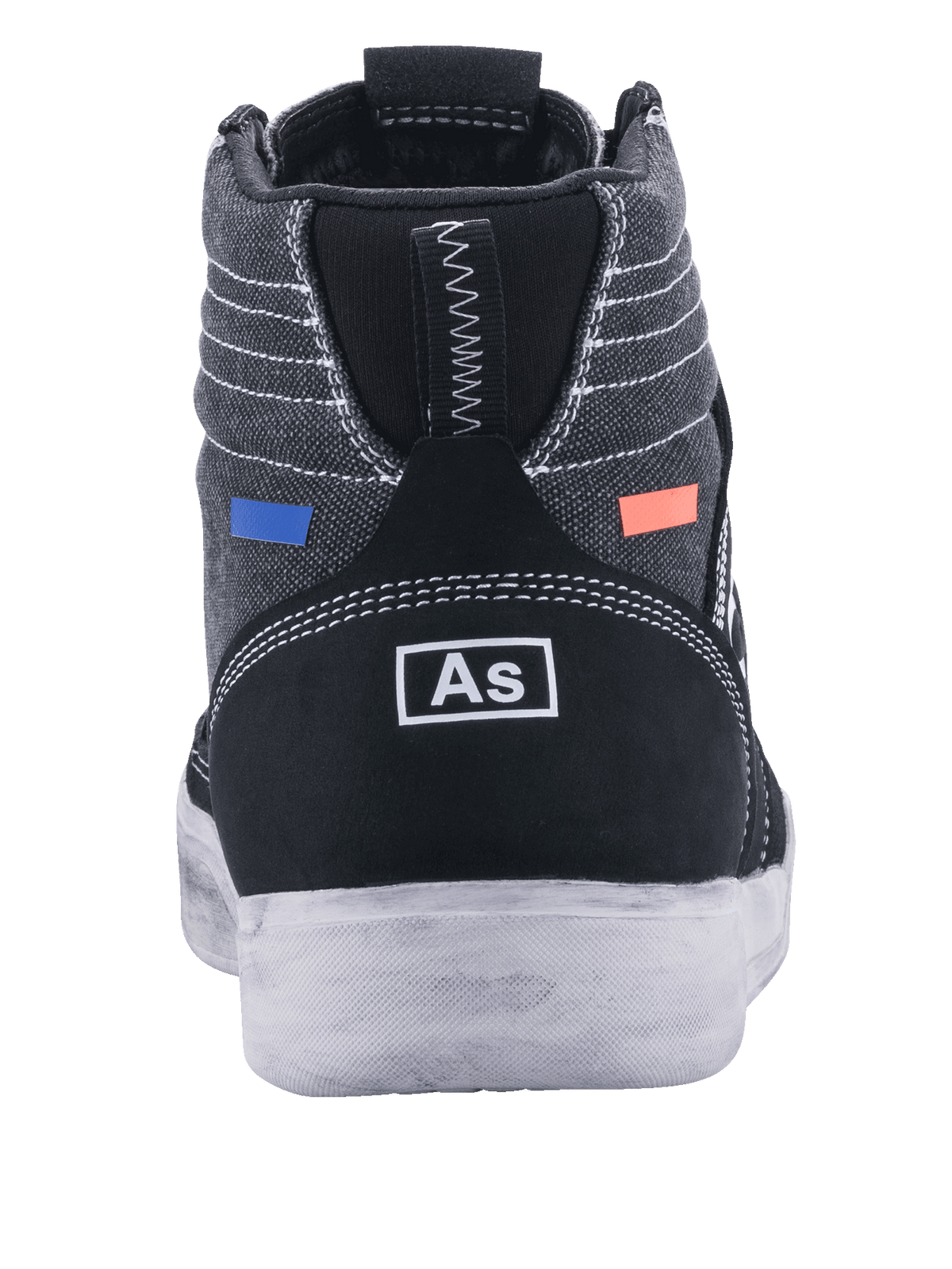 Alpinestars Ageless Riding Shoes, buty motocyklowe, czarne i szare (Cool Gray), widok z tyłu przedstawiający ciemnoszare płótno z białymi przeszyciami, czarna zamszowa pięta z białym logo, niebieskie i pomarańczowe akcenty, miejski design z białą podeszwą
