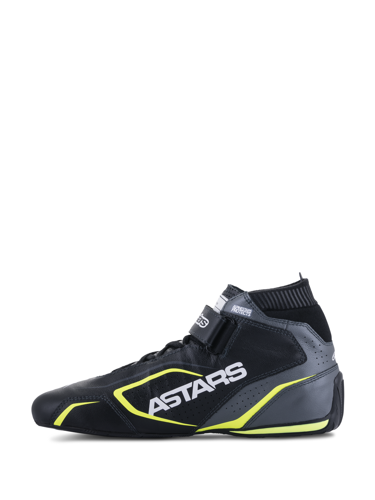 Alpinestars Tech-1 T V3 Shoes FIA, Auto Racing Shoes, Black Cool Gray and Yellow Fluo, side profile view showing leather construction, white ASTARS branding, elastic fireproof collar, and vibrant yellow accents.