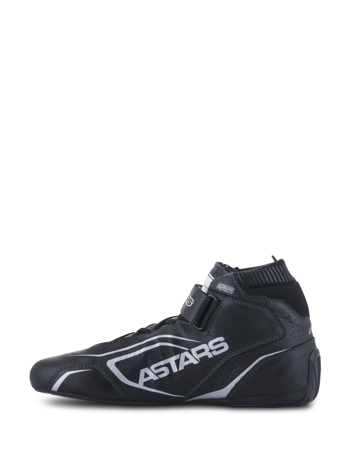 Alpinestars Tech-1 T V3 Shoes FIA, buty wyścigowe, czarno-srebrne, widok z boku, konstrukcja z pełnej skóry bydlęcej ze srebrnym logo ASTARS, regulowany pasek na rzep i elastyczny kołnierz ognioodporny.