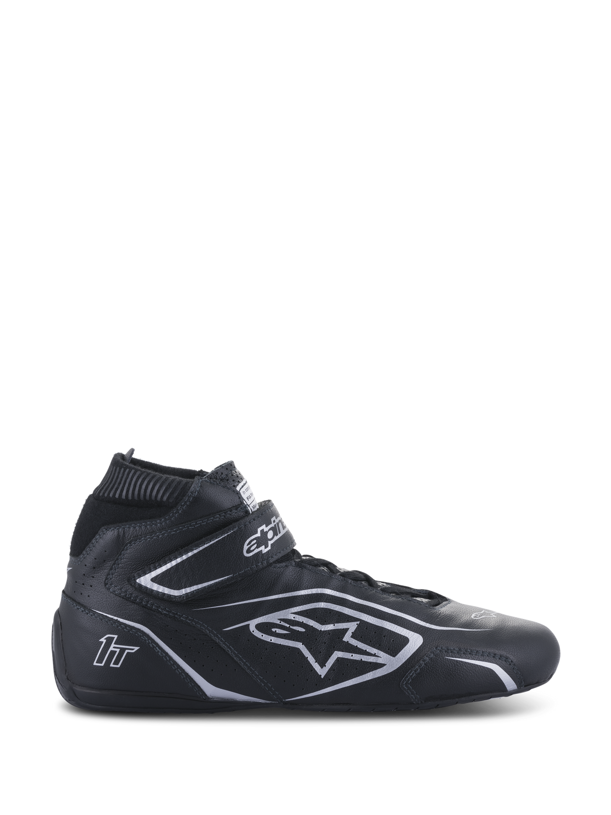 Alpinestars Tech-1 T V3 Shoes FIA, czarno-srebrne buty wyścigowe, wysokie skórzane obuwie sportowe z paskiem na rzep przy kostce, perforowane panele boczne i srebrne logotypy, certyfikat FIA do profesjonalnych wyścigów samochodowych
