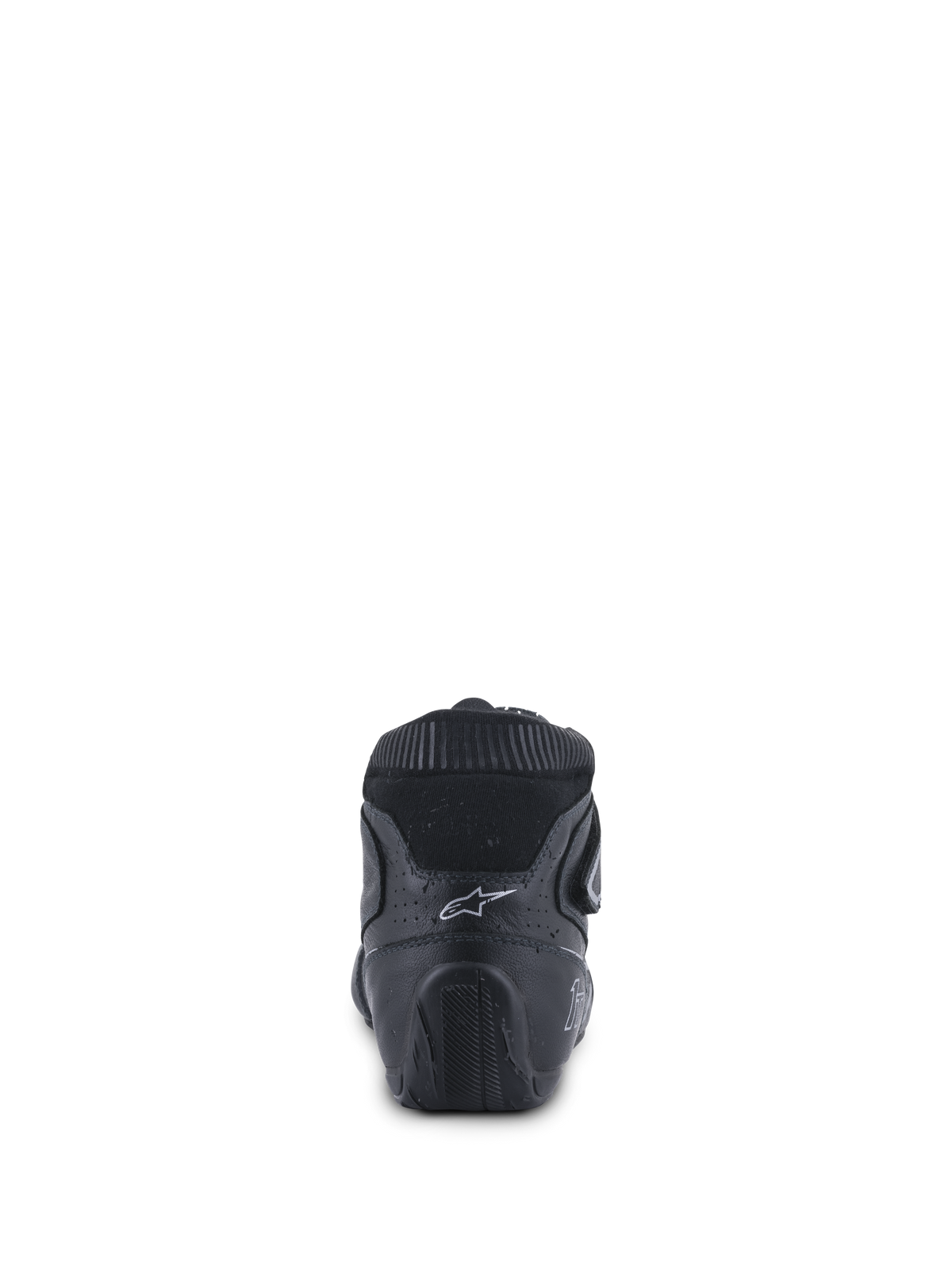 Alpinestars Tech-1 T V3 Shoes FIA, buty do profesjonalnych wyścigów samochodowych, czarne ze srebrnymi detalami, widok z tyłu przedstawiający ergonomiczne wzmocnienie pięty, białe logo Astars oraz teksturowaną gumową podeszwę zaprojektowaną dla lepszej kontroli pedałów.