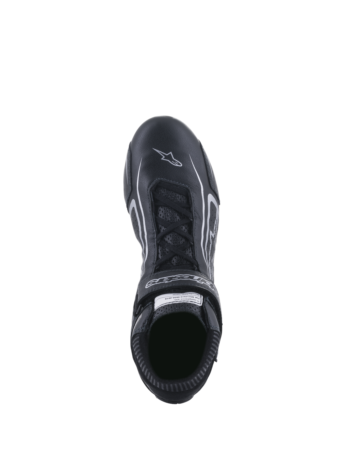 Alpinestars Tech-1 T V3 Shoes FIA, buty samochodowe, czarno-srebrne, widok z góry pokazujący system sznurowania i markowy pasek na rzep, pełnoziarnista skóra bydlęca z białym logo gwiazdy na palcach, profesjonalne obuwie do sportów motorowych.
