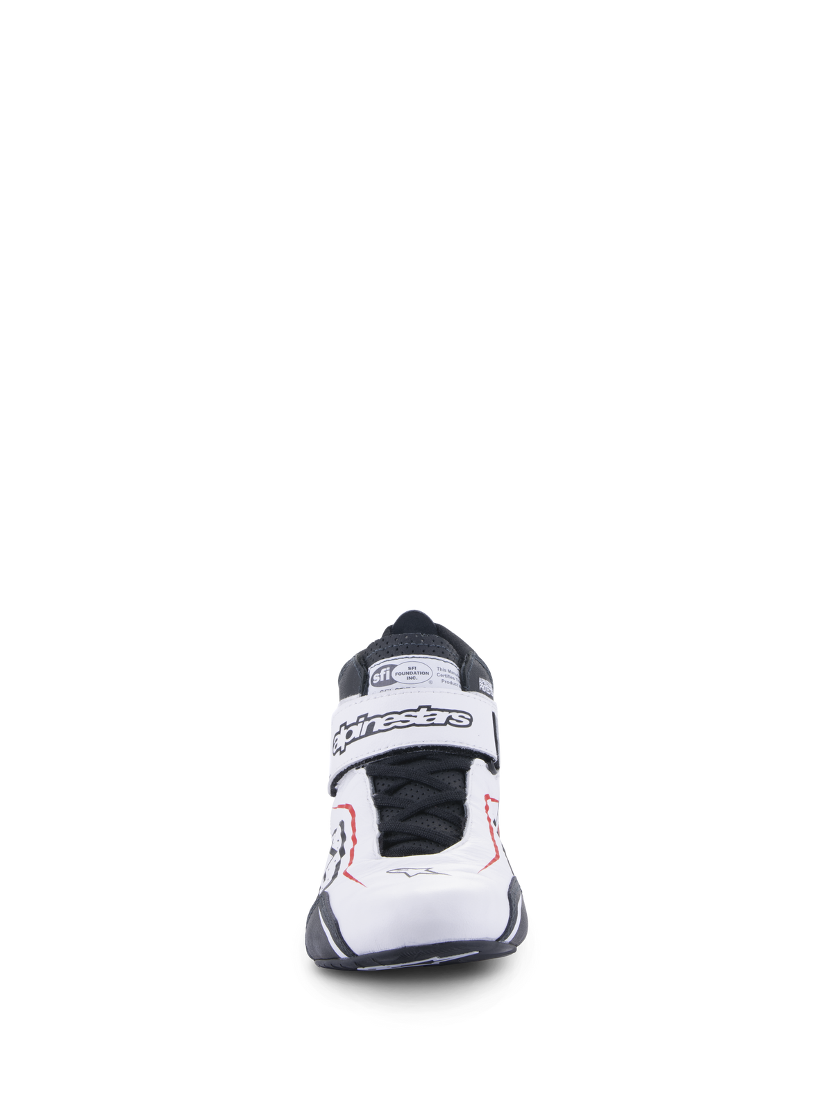 Buty Alpinestars Tech-1 T V3, buty wyścigowe samochodowe, biało-czarno-czerwone, widok z przodu z paskiem na rzep z brandingiem Alpinestars, czarnymi sznurowadłami i metką z certyfikatem SFI na języku