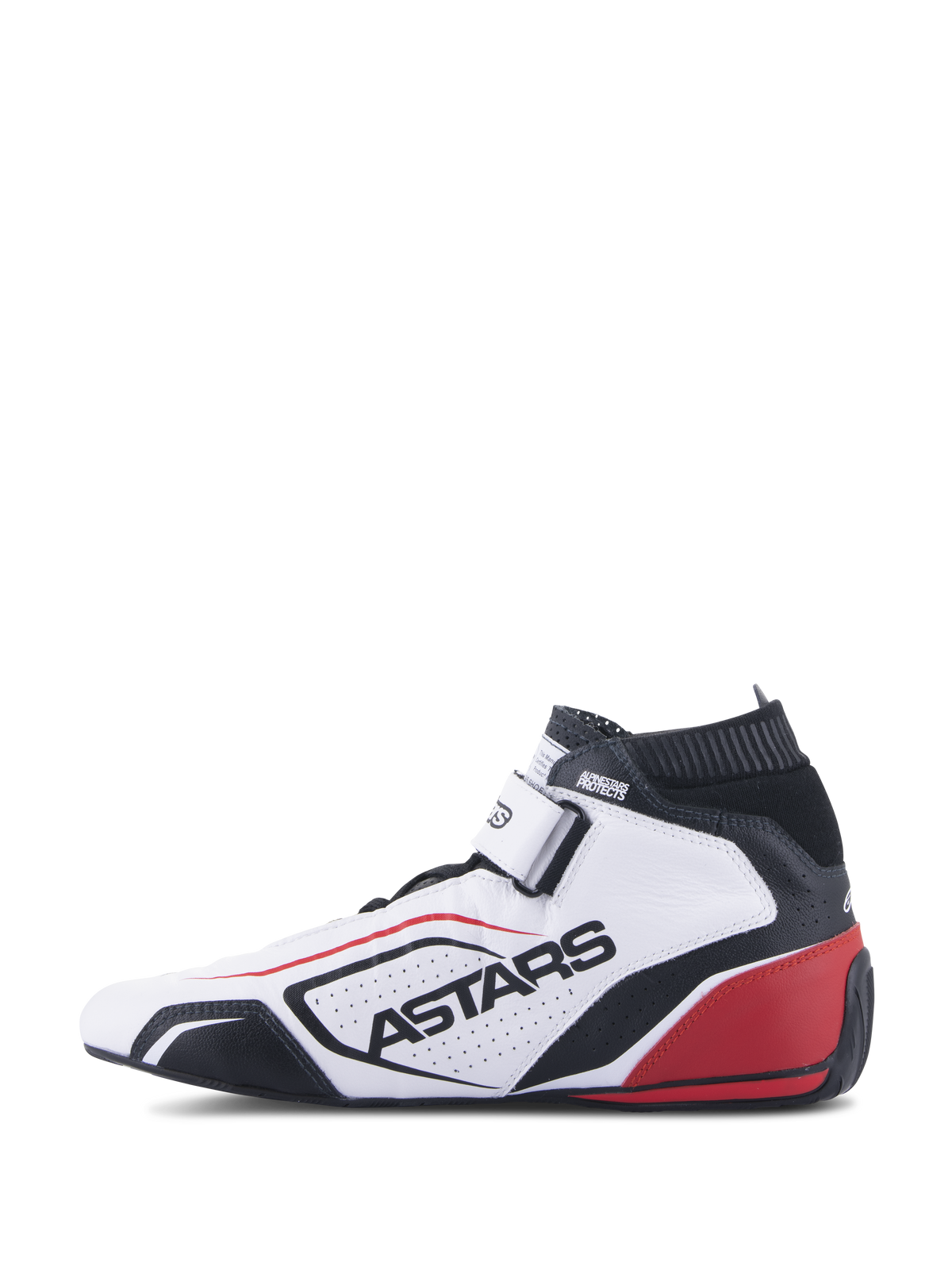 Alpinestars Tech-1 T V3 Shoes FIA, profesjonalne buty wyścigowe, biało-czarno-czerwone, widok z profilu z brandingiem ASTARS na perforowanej skórze, czarnym ognioodpornym kołnierzem i czerwonymi akcentami na pięcie, sportowy design wyścigowy