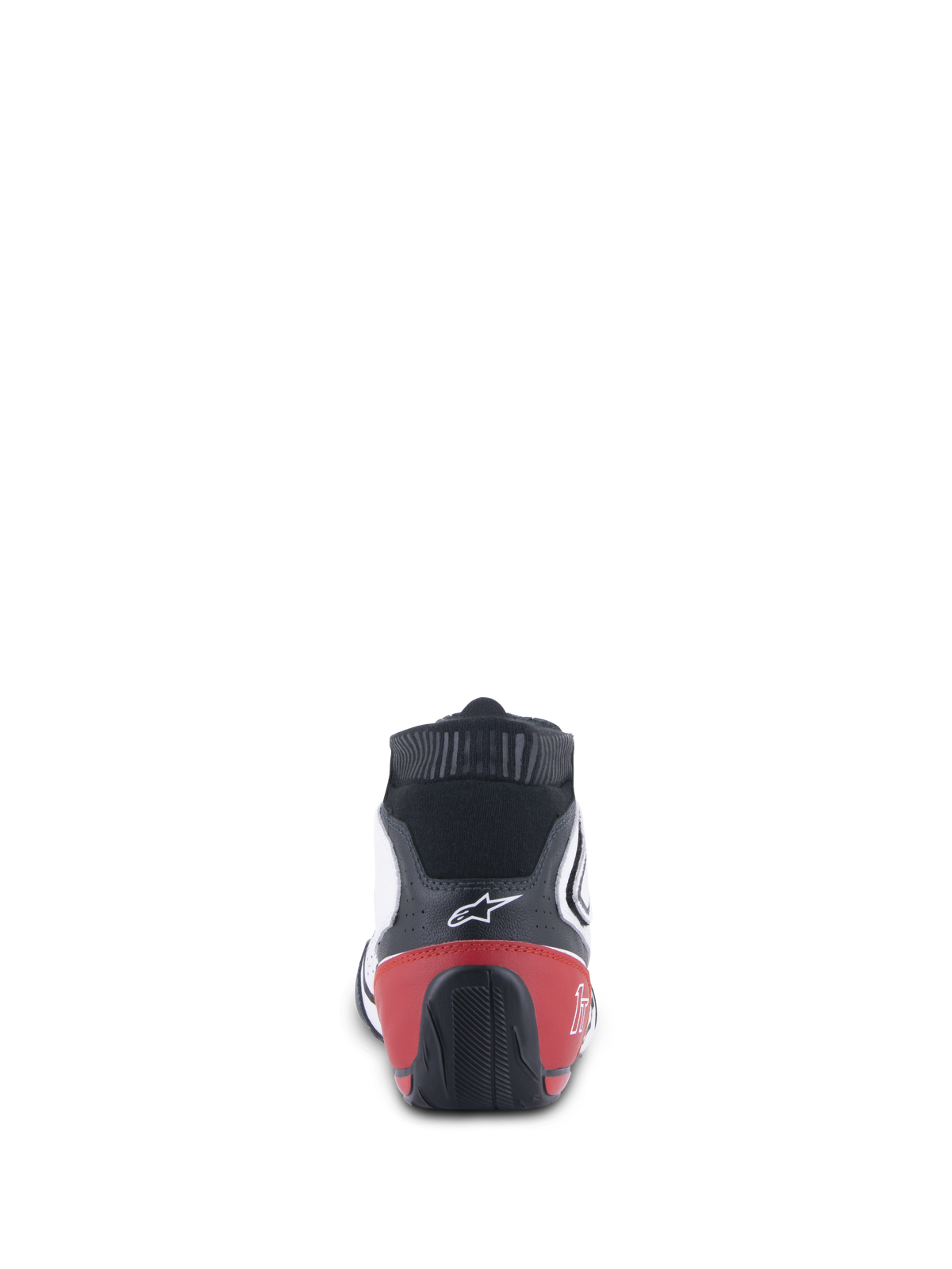 Buty Alpinestars Tech-1 T V3 FIA, buty wyścigowe, biało-czarno-czerwone, widok z tyłu przedstawiający czerwony zapiętek i czarną teksturowaną podeszwę zewnętrzną, białe logo Alpinestars na czarnej skórzanej cholewce