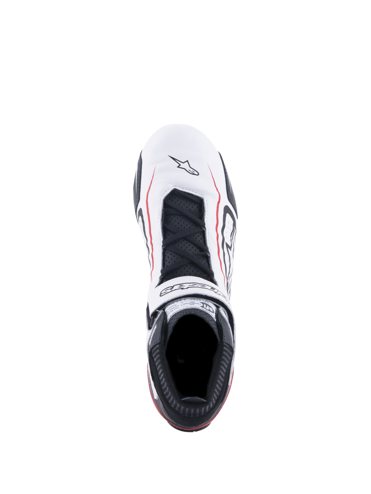 Alpinestars Tech-1 T V3 Shoes FIA, buty wyścigowe, białe, czarne i czerwone, widok z góry przedstawiający białą skórzaną cholewkę z czerwonymi liniami akcentującymi, czarne sznurówki, logowany pasek na rzep oraz etykietę certyfikacji SFI na języku