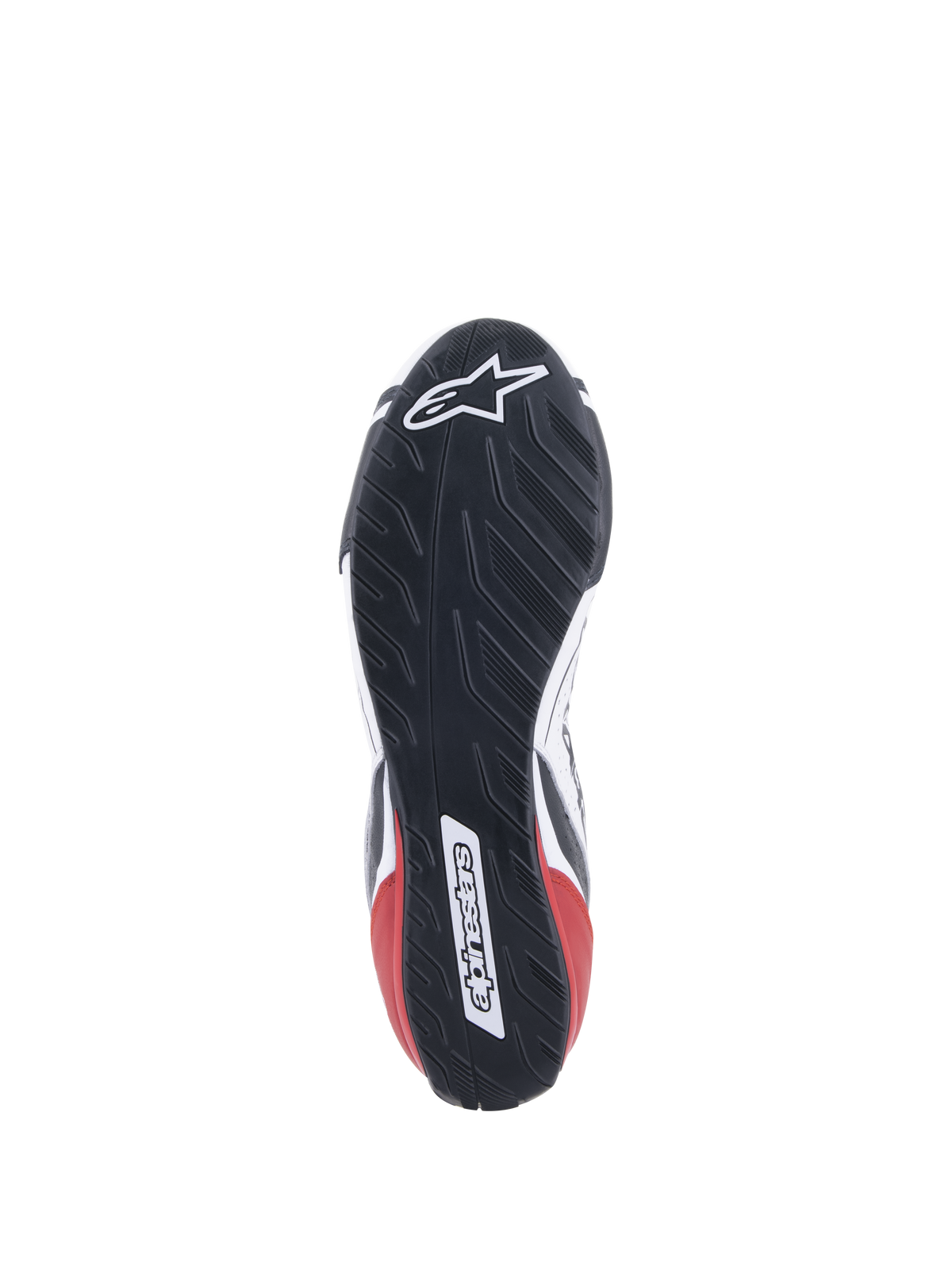 Alpinestars Tech-1 T V3 Shoes FIA, buty wyścigowe, białe, czarne i czerwone, szczegółowy widok asymetrycznej gumowej podeszwy inspirowanej bieżnikiem opony, z logo i logotypem Alpinestars, odporna na oleje i wodę konstrukcja podeszwy zewnętrznej