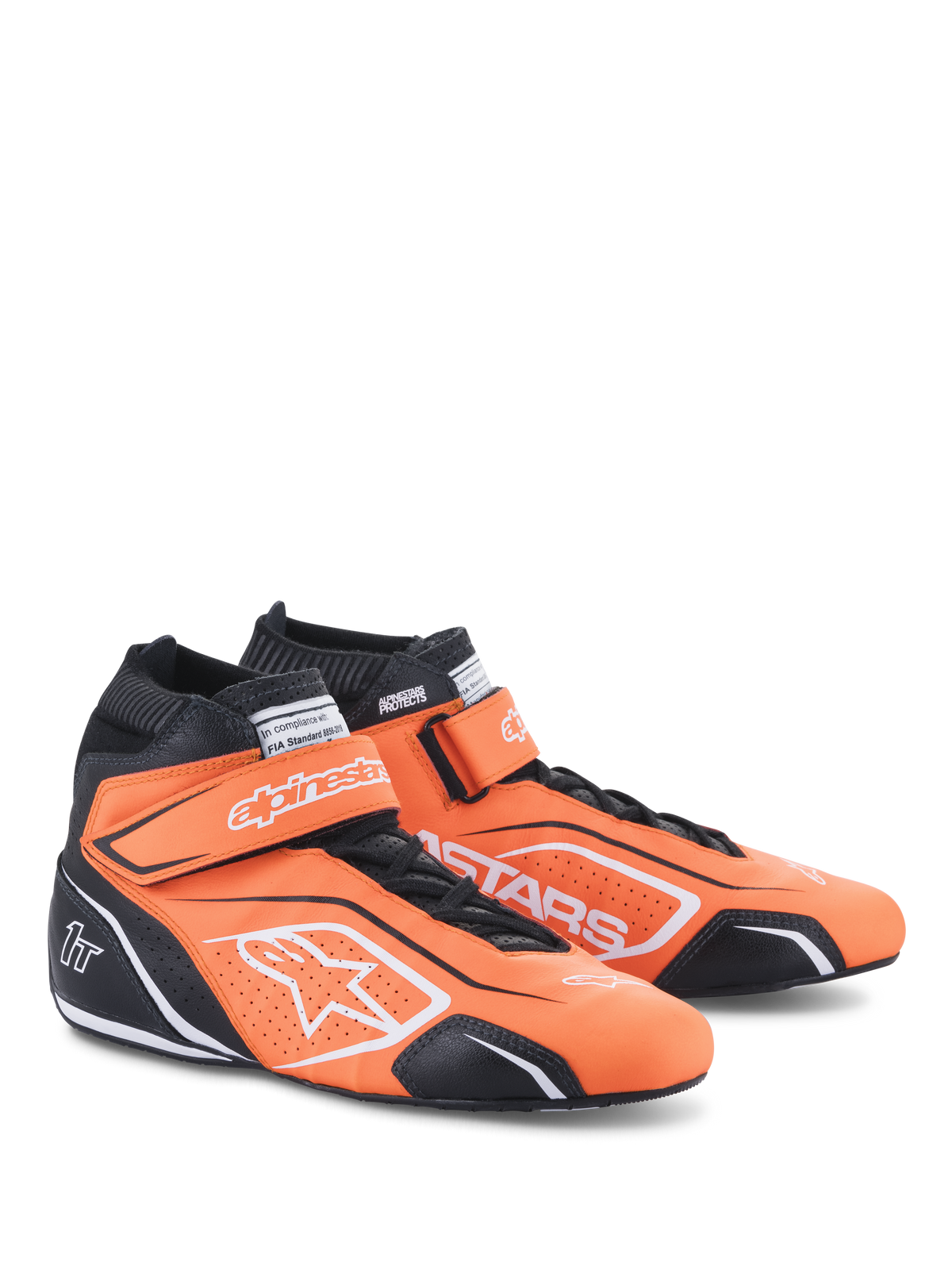 Alpinestars Tech-1 T V3 Shoes, Auto Racing Shoes, Orange Fluo Black and White, professional high-top leather footwear featuring hook and loop straps over laces, white Alpinestars logos, and black protective panels for motorsport performance.