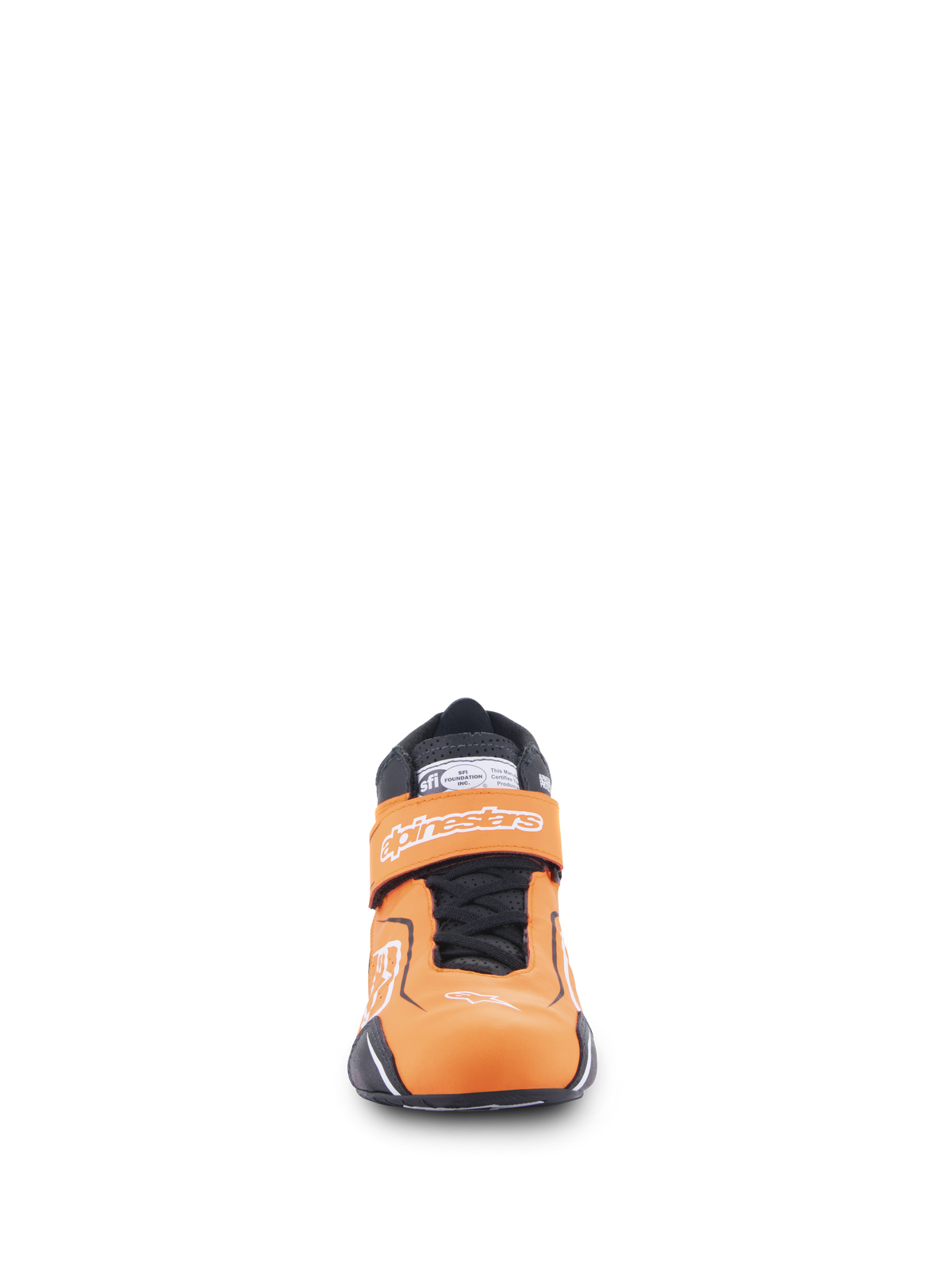 Alpinestars Tech-1 T V3 Shoes FIA, Auto Racing Shoes, Orange Fluo Black and White, front view showing hook-and-loop strap with Alpinestars branding, black laces, and SFI certification label on the tongue