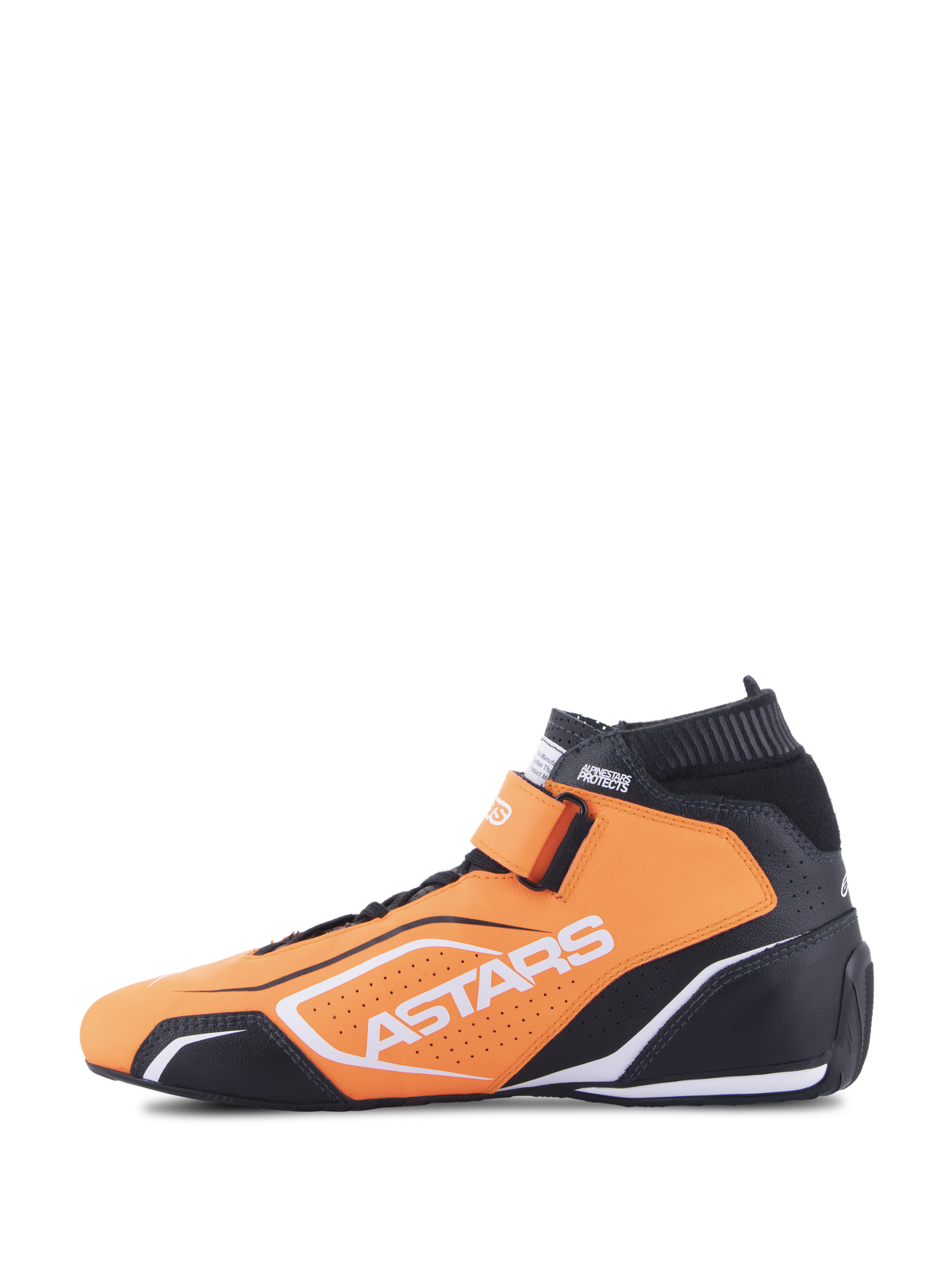 Alpinestars Tech-1 T V3 Shoes FIA, Auto Racing Shoes, Orange Fluo Black and White, side profile view, featuring bovine leather construction, hook and loop ankle strap, and white Astars branding.