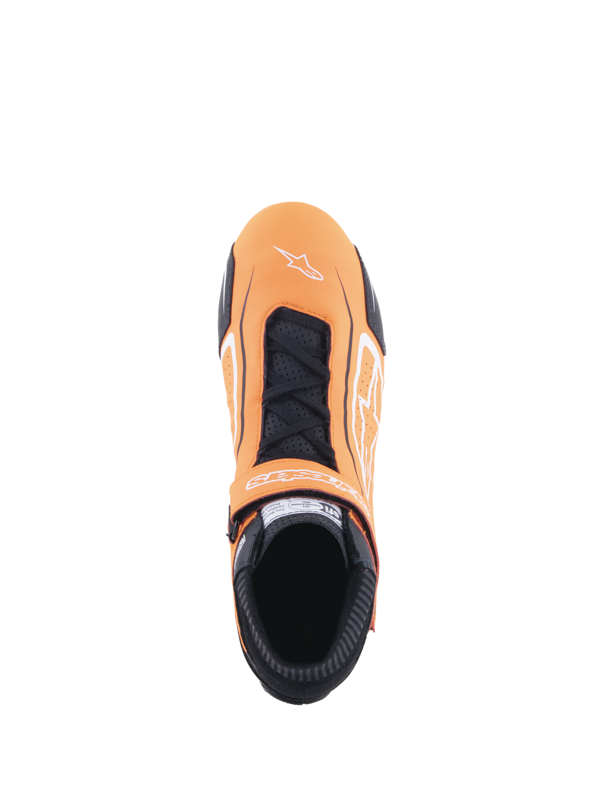 Alpinestars Tech-1 T V3 Shoes, Auto Racing Shoes, Orange Fluo Black and White, top-down view showing lace closure and hook-and-loop strap, white Alpinestars logo on toe, perforated leather panels and black fireproof collar