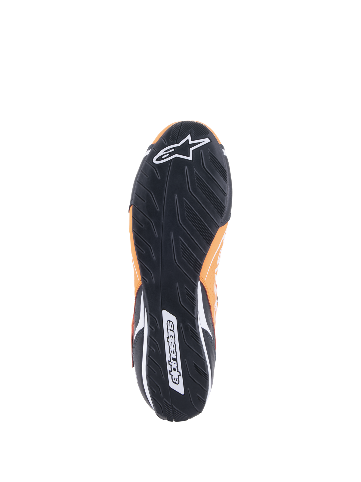 Alpinestars Tech-1 T V3 Shoes FIA, Orange Fluo Black White, bottom view showing the black rubber outsole with an asymmetric tread pattern, white Alpinestars logo on the toe and wordmark on the heel.