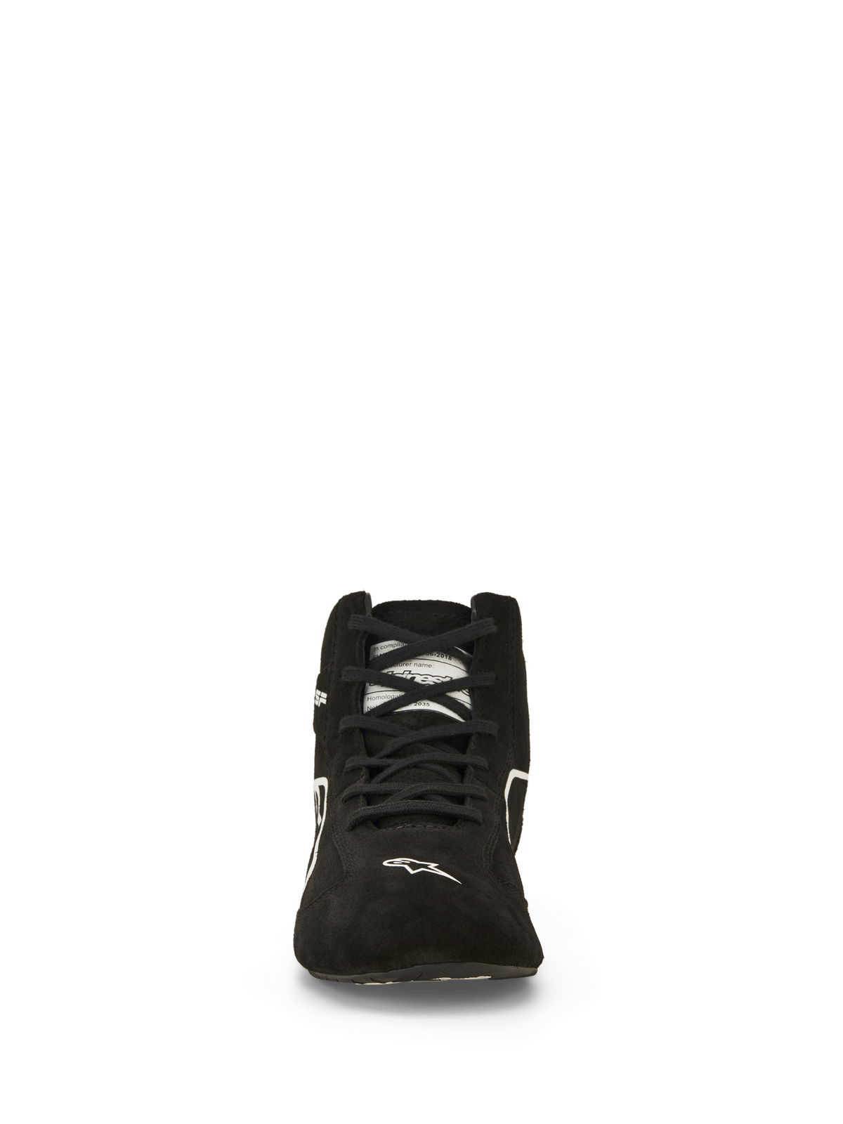 Alpinestars SP V3 Shoes FIA, buty do wyścigów samochodowych, czarno-białe, widok z przodu, cholewka z wysokiej jakości zamszu z czarnymi sznurowadłami, białe logo Alpinestars na czubku, profesjonalne ognioodporne obuwie do sportów motorowych