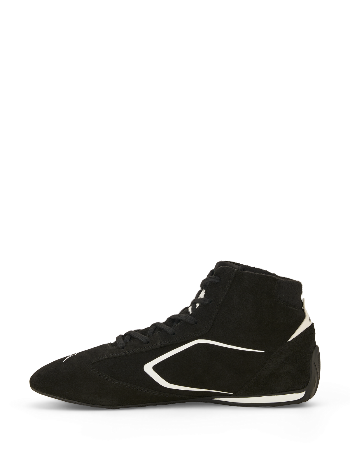 Alpinestars SP V3 Shoes FIA, buty wyścigowe, czarno-białe, widok z boku, cholewka z wysokiej jakości zamszu z białymi akcentami graficznymi, wysoka konstrukcja, cienka gumowa podeszwa o specyfikacji wyścigowej dla lepszego wyczucia pedałów