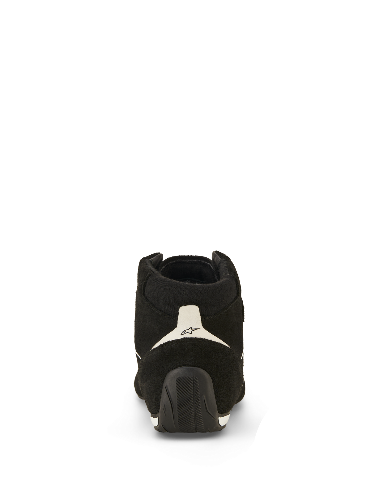 Alpinestars SP V3 Shoes FIA, buty wyścigowe, czarno-białe, widok z tyłu przedstawiający zamszową cholewkę, biały panel na pięcie z czarnym logo i teksturowaną gumową podeszwę zachodzącą na piętę