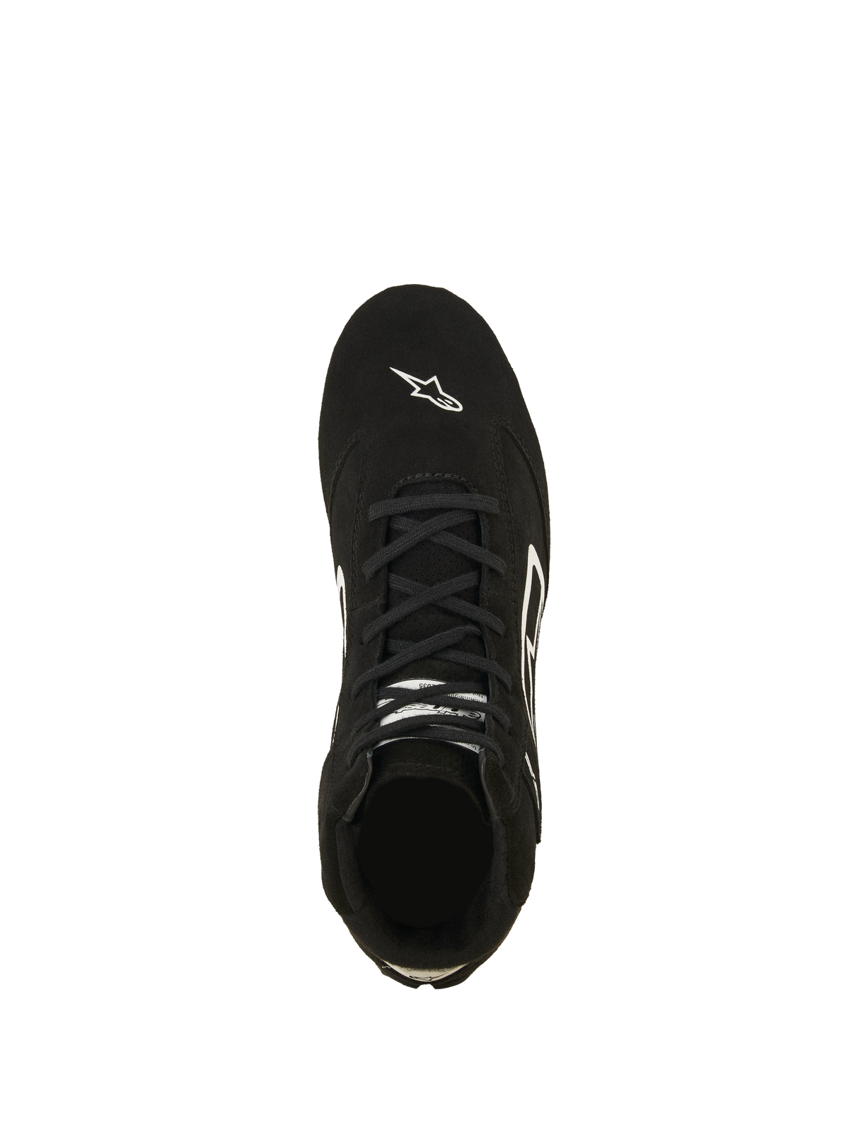 Alpinestars SP V3 Shoes FIA, buty wyścigowe, czarno-białe, widok z góry na zamszową cholewkę premium, czarne sznurowadła i białe logo Astars na nosku, profesjonalne ognioodporne obuwie do sportów motorowych