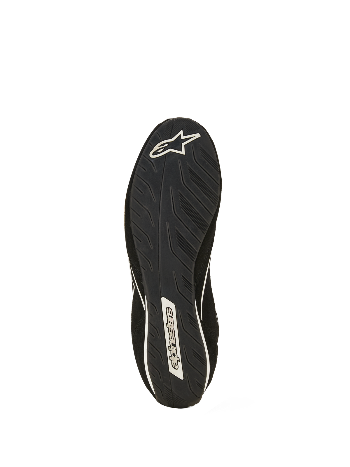 Buty Alpinestars SP V3 FIA, widok podeszwy czarnego buta wyścigowego, ekskluzywna mieszanka gumowa z liniową teksturą dla lepszego czucia pedałów, białe logo gwiazdy Alpinestars na pięcie i logotyp na śródstopiu.