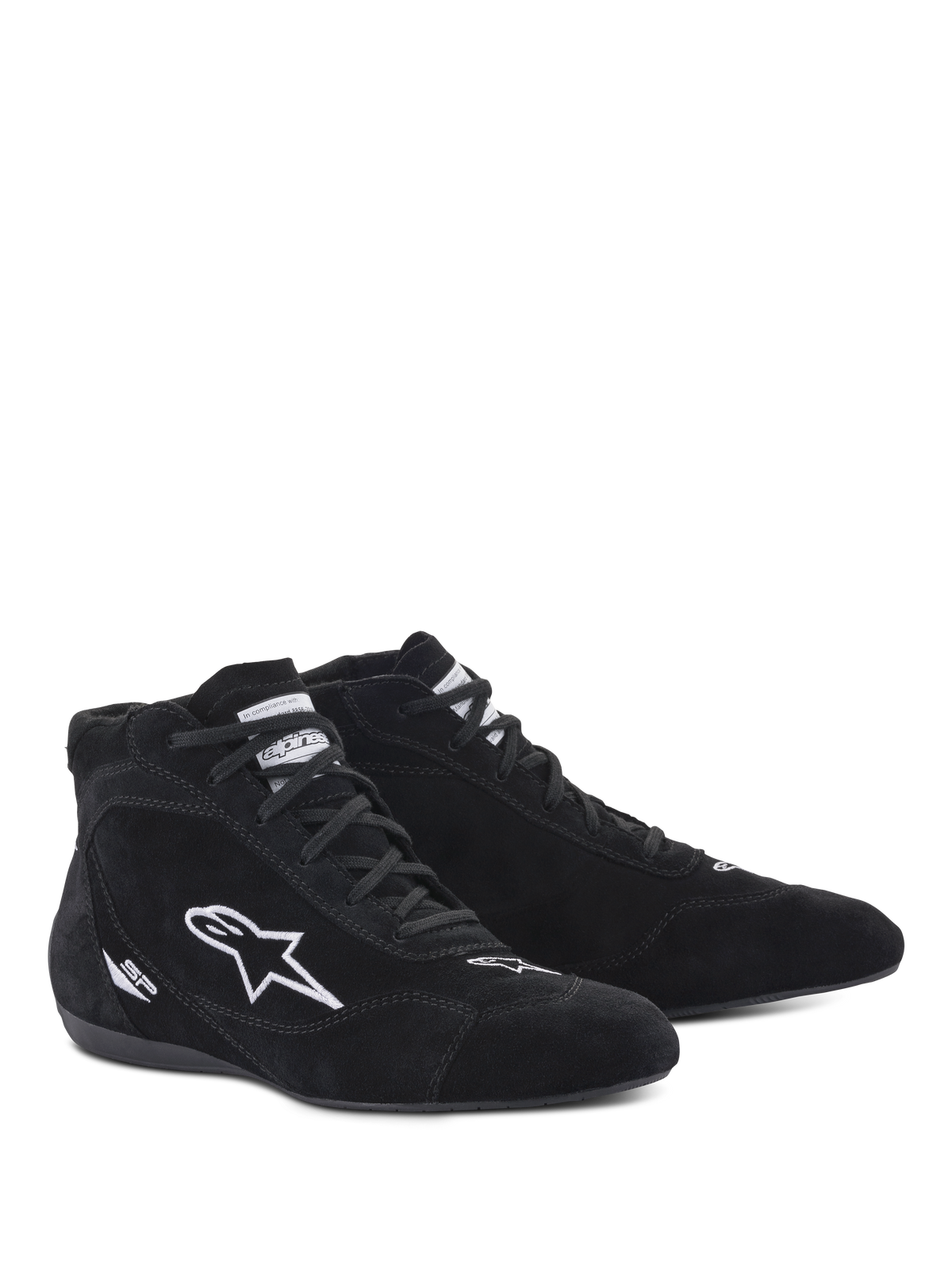 Buty Alpinestars SP V2, buty wyścigowe, czarne, wysoka zamszowa konstrukcja z białym haftowanym logo gwiazdy i brandingiem SP, cienka podeszwa o specyfikacji F1 zapewniająca precyzyjne wyczucie pedałów, profesjonalne obuwie do sportów motorowych