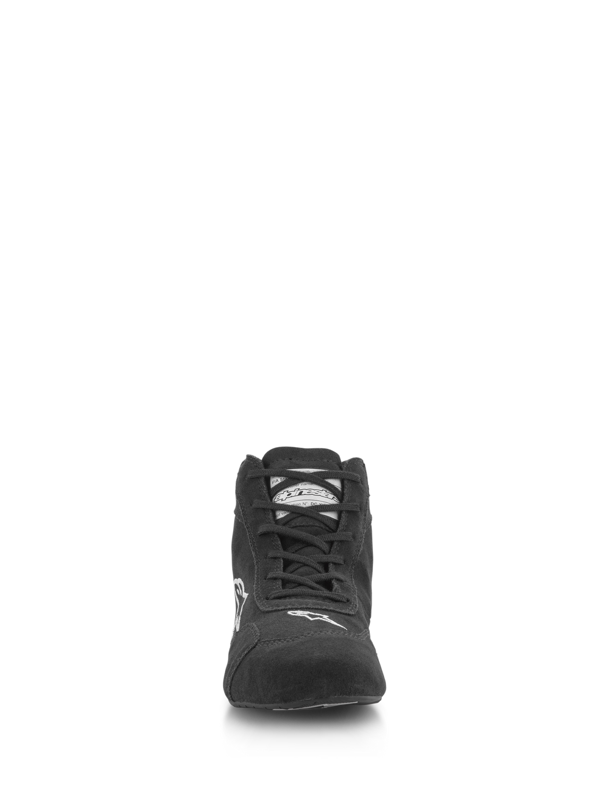 Buty Alpinestars SP V2, buty do wyścigów samochodowych, czarne, widok z przodu przedstawiający cholewkę z zamszu premium, asymetryczny system sznurowania, białe logo Alpinestars na czubku, profesjonalne obuwie motorsportowe
