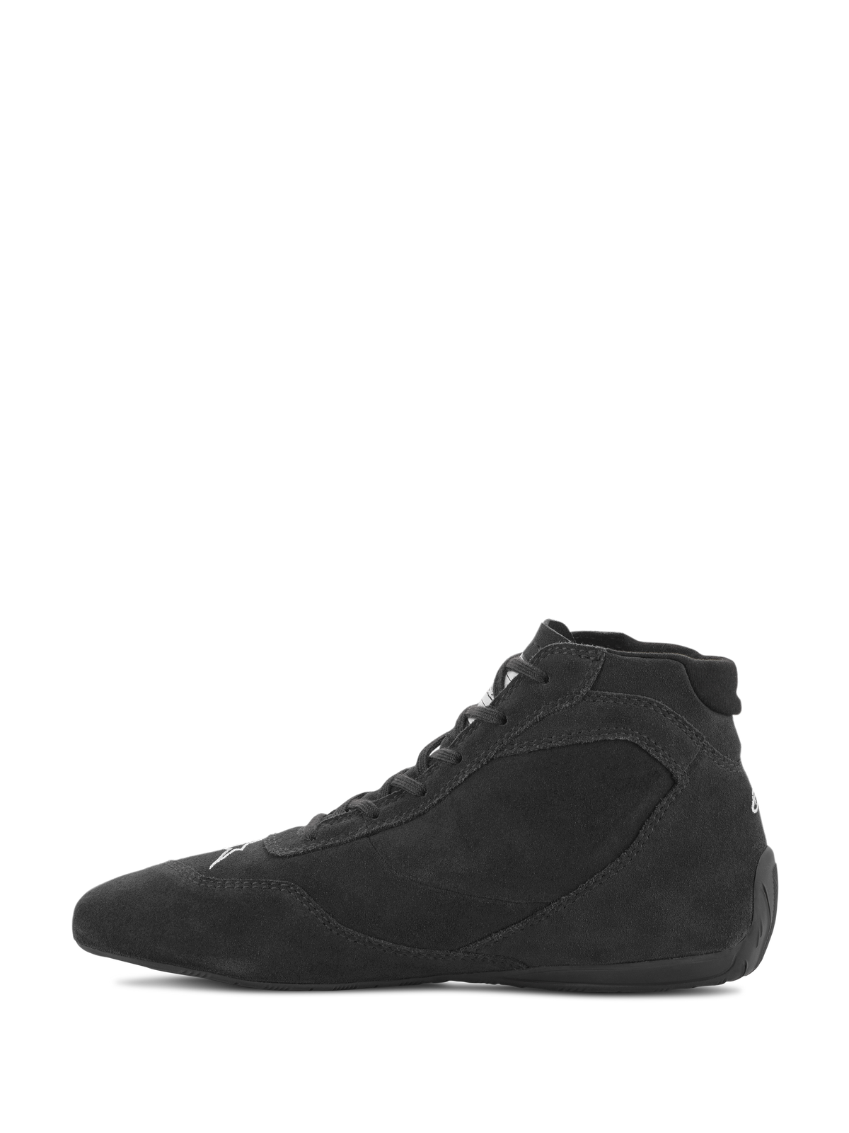 Alpinestars SP V2 Shoes, buty wyścigowe, czarne, smukły, wysoki profil z cholewką z zamszu premium i cienką gumową podeszwą, zaprojektowane dla precyzyjnego wyczucia pedałów w sportach motorowych