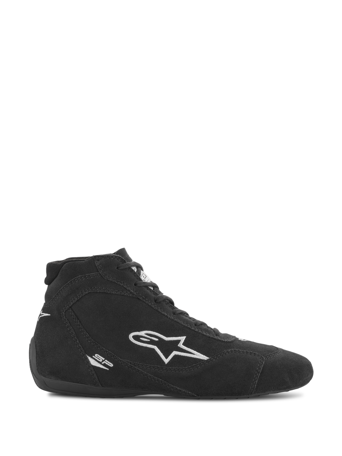 Buty Alpinestars SP V2, obuwie wyścigowe, czarny zamsz z białym logo gwiazdy Alpinestars, wysoki profil, sznurowane, ultracienka podeszwa wyścigowa, smukły design motorsportowy