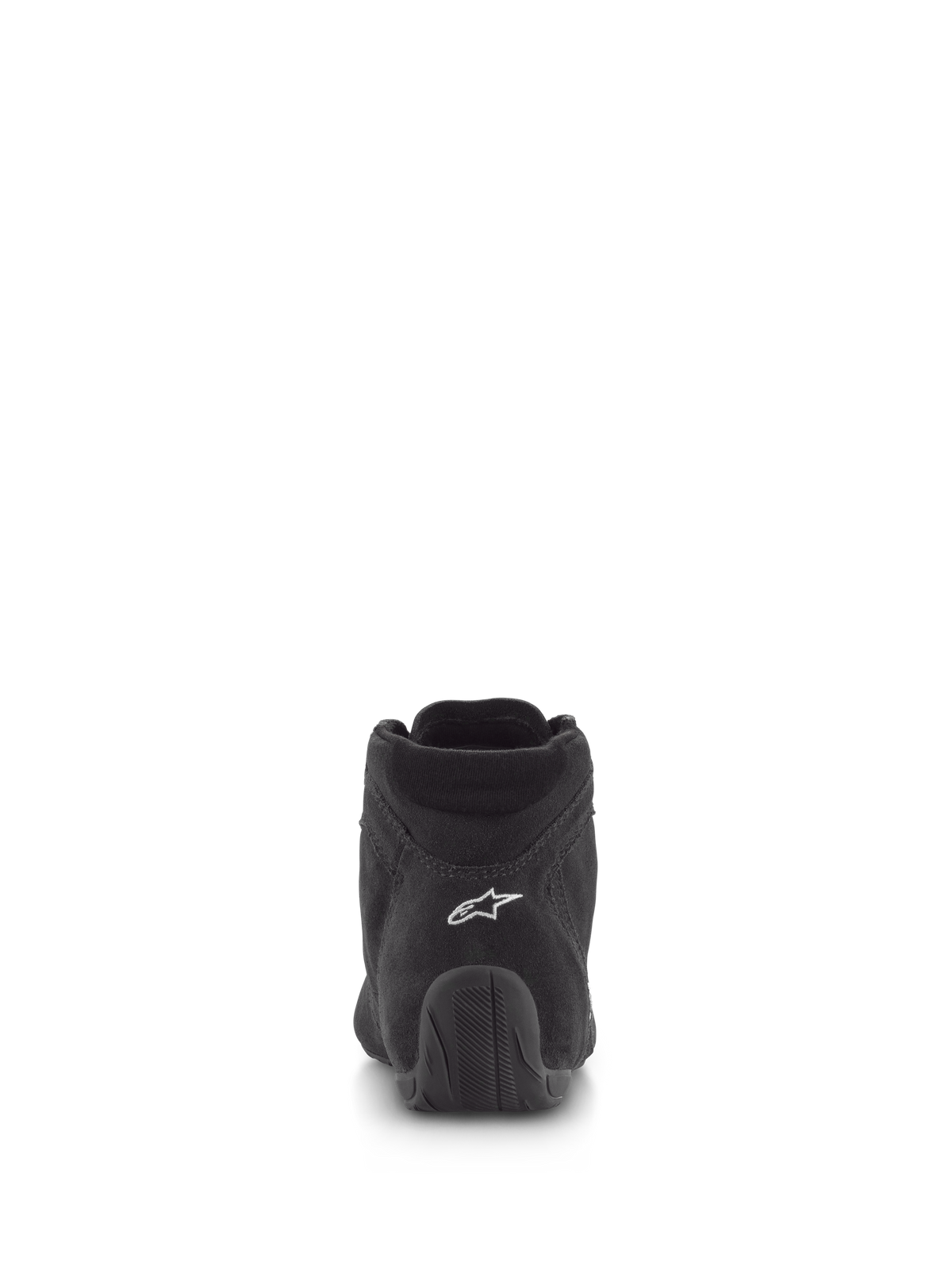 Buty Alpinestars SP V2, buty wyścigowe, czarne, widok z tyłu, cholewka z zamszu premium z białym logo na pięcie, teksturowana gumowa podeszwa, profesjonalne obuwie do sportów motorowych