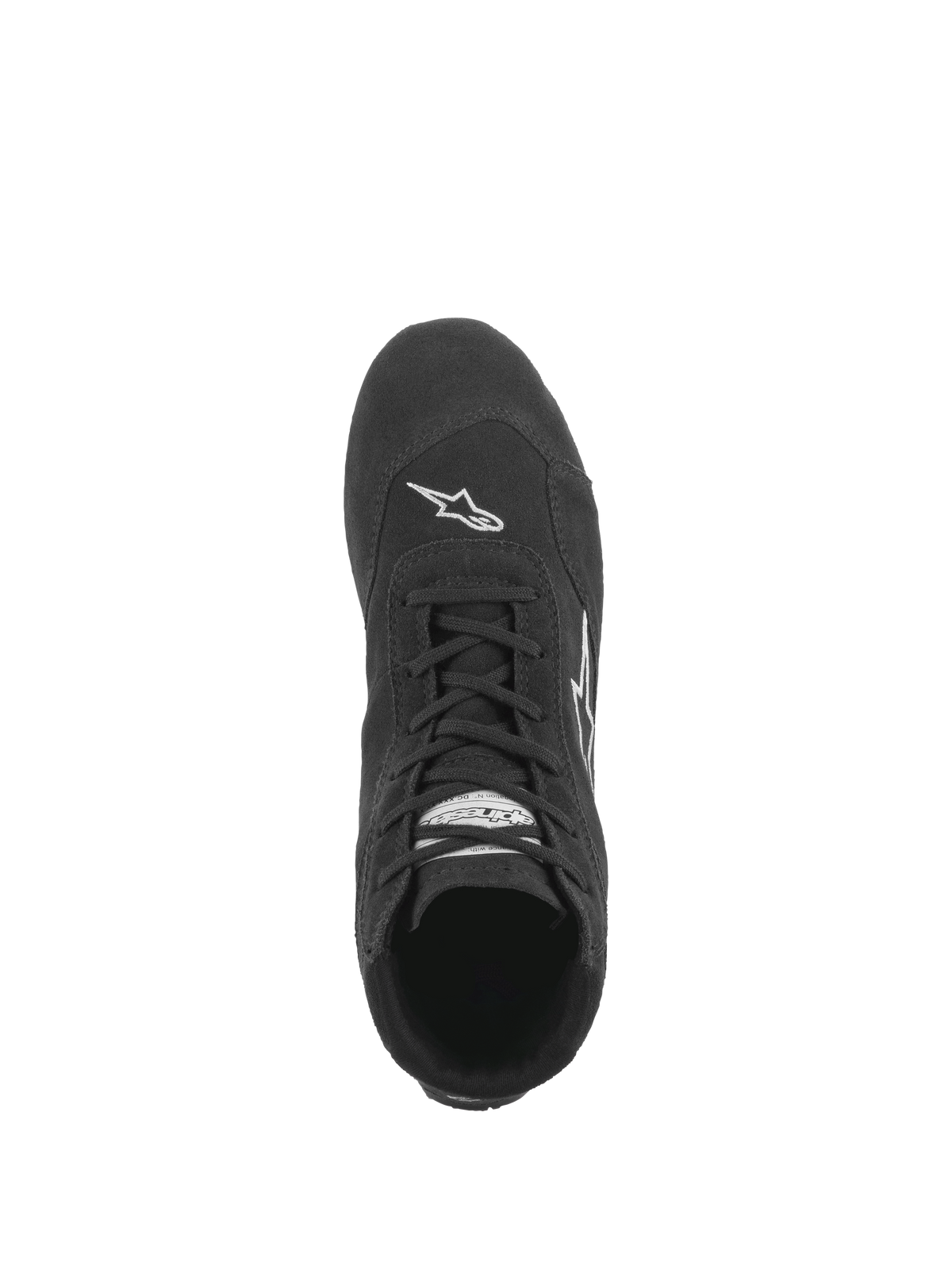 Buty Alpinestars SP V2, buty wyścigowe, czarne, widok z góry przedstawiający asymetryczny system sznurowania, konstrukcję z zamszu premium oraz białe logo Astars na czubku