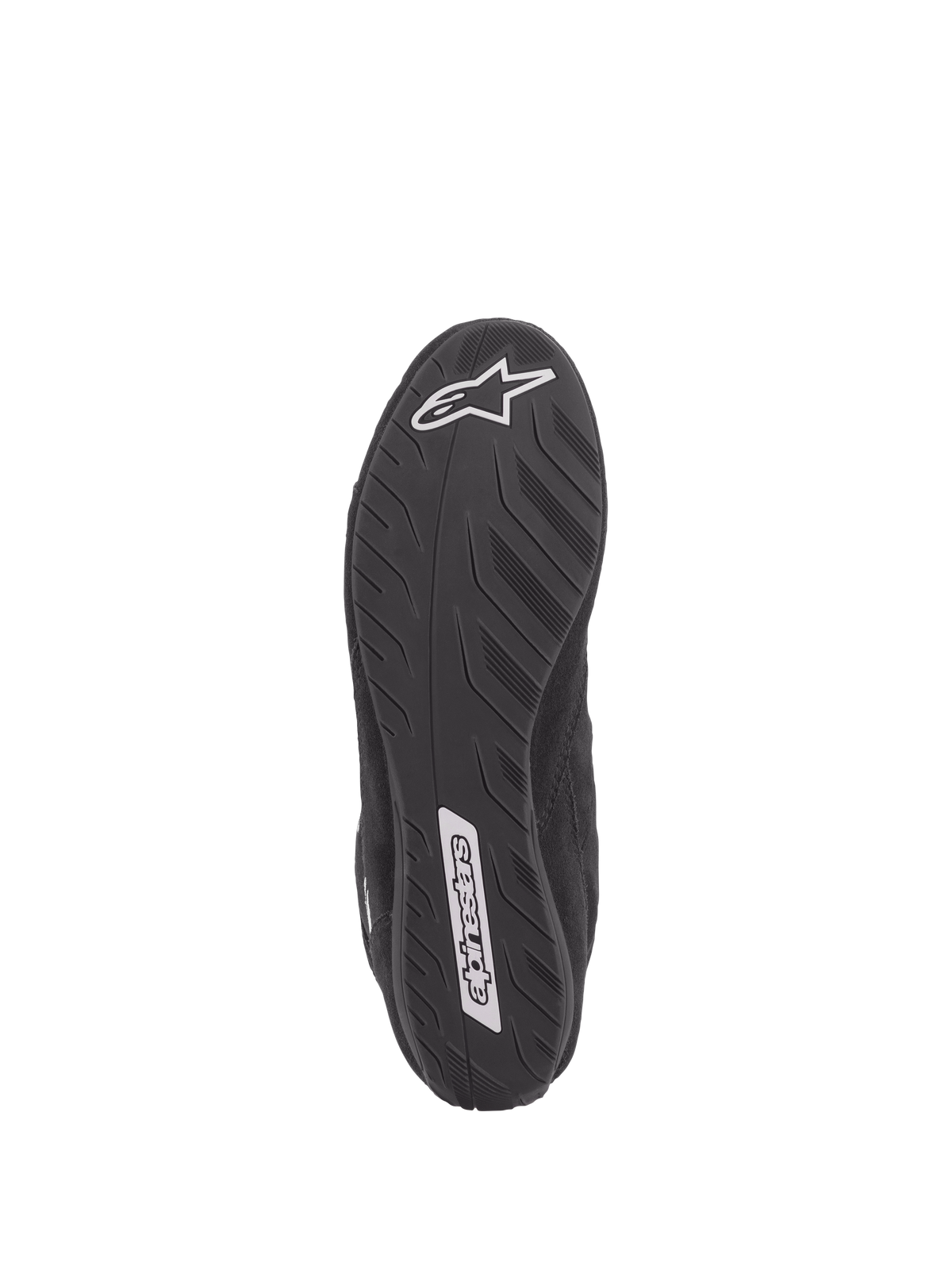 Buty Alpinestars SP V2, buty wyścigowe, czarne, widok od spodu na ultracienką podeszwę o specyfikacji Formuły 1, teksturowana powierzchnia dla lepszego wyczucia pedałów, białe logo Alpinestars na pięcie i w śródstopiu