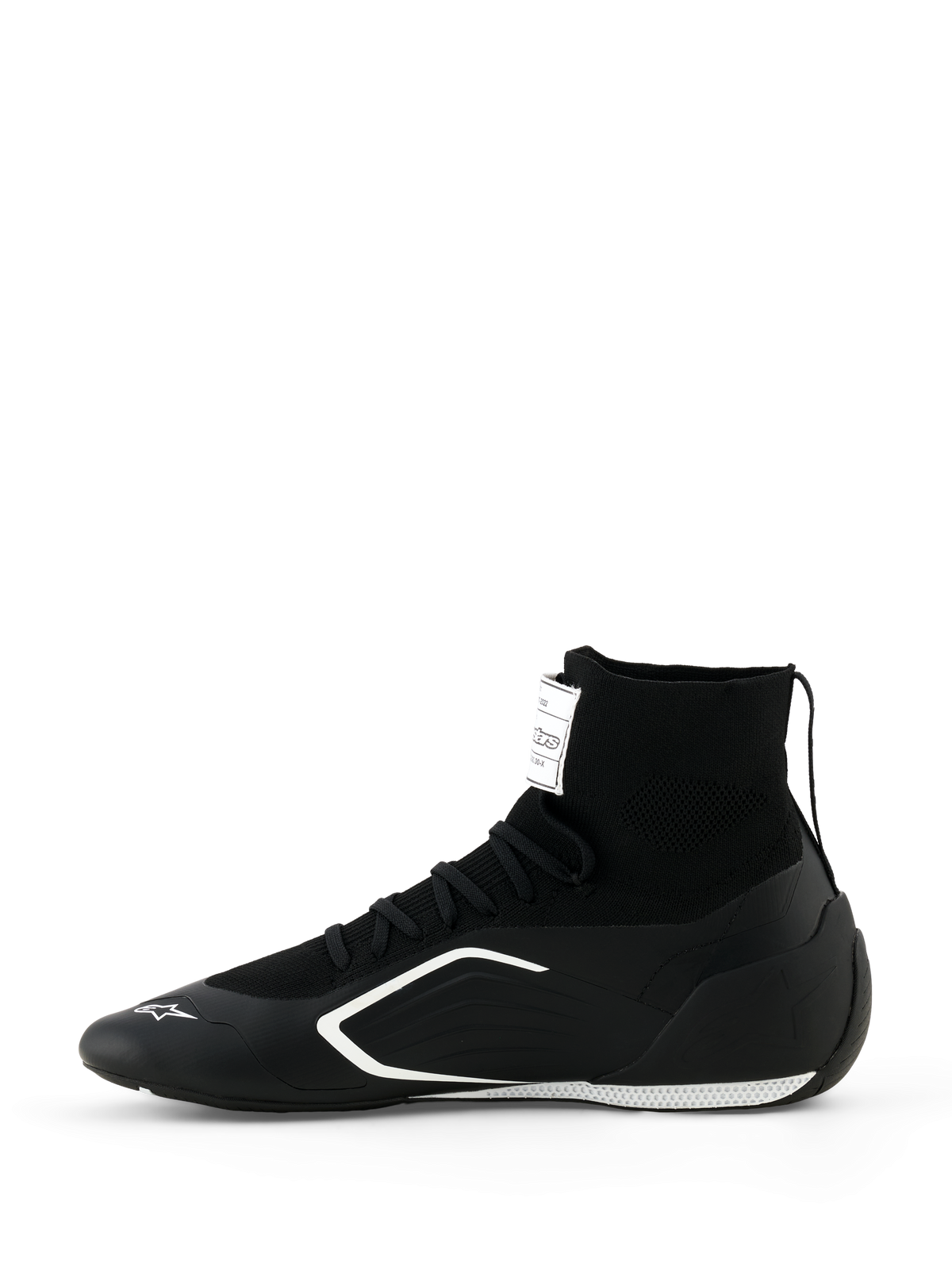 Alpinestars Supertech K Shoes - FIA, buty kartingowe, czarno-białe, widok z boku, w pełni dziana wysoka konstrukcja, białe kanciaste grafiki boczne i białe logo na czubku, techniczne obuwie wyścigowe