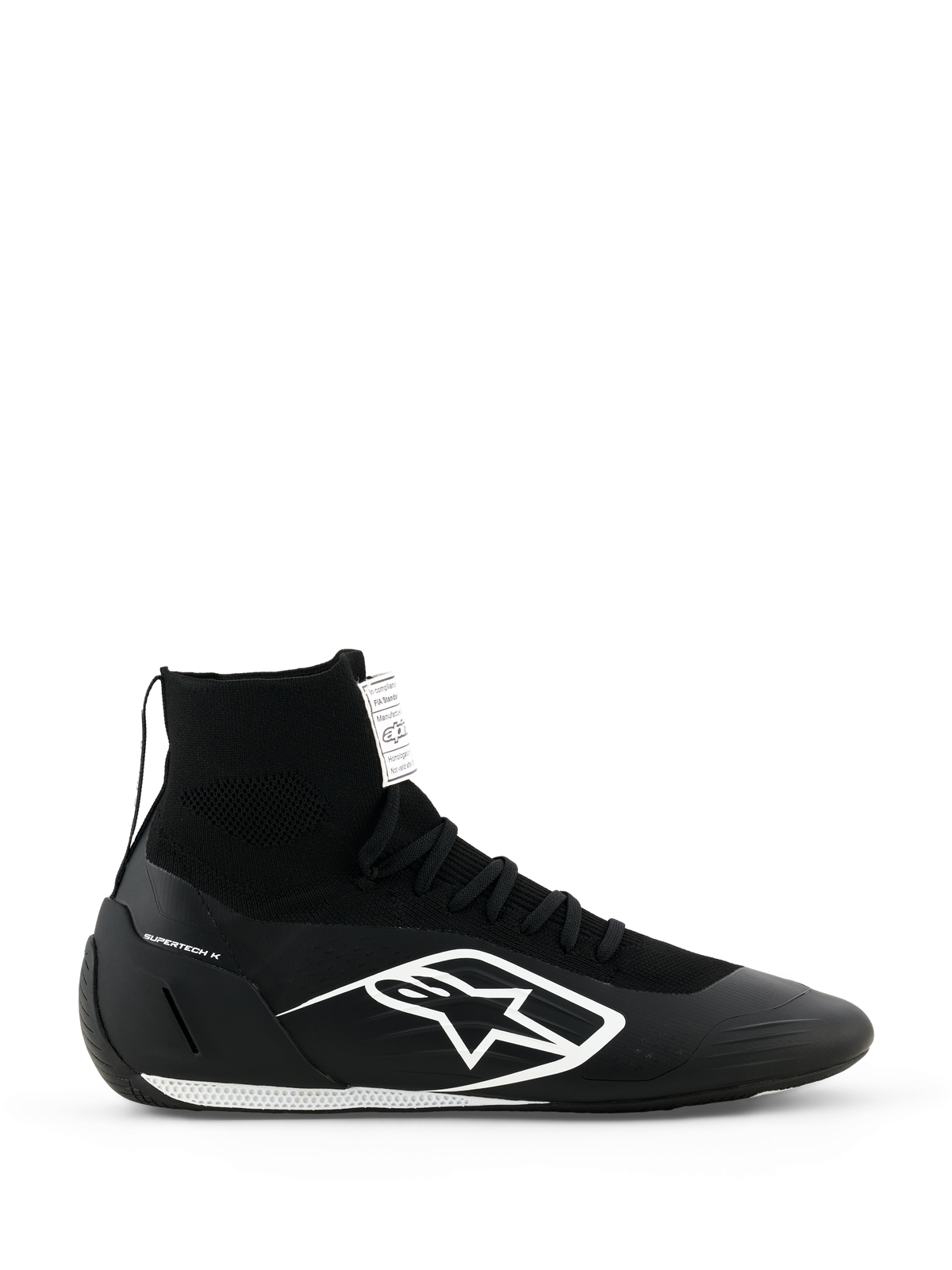 Alpinestars Supertech K Shoes FIA, czarne buty kartingowe, wysoka dzianinowa konstrukcja z białym logo, elastyczny kołnierz typu skarpeta, biała teksturowana podeszwa, certyfikat FIA