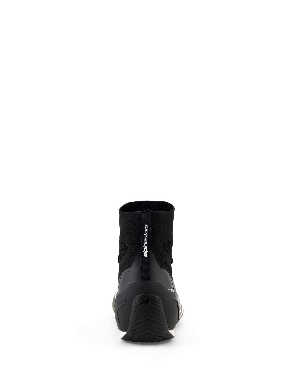 Buty Alpinestars Supertech K - FIA, buty kartingowe, czarne, widok z tyłu prezentujący dzianinową konstrukcję cholewki i zapiętek TPU, logo Alpinestars na pętli na pięcie, profesjonalne obuwie do sportów motorowych