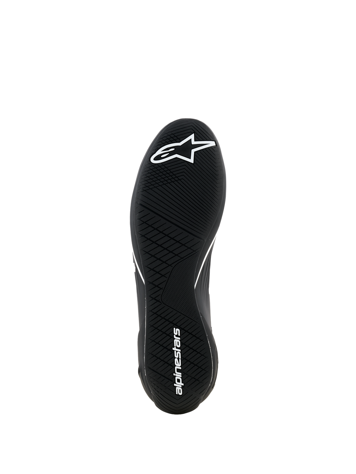 Alpinestars Supertech K Shoes - FIA, buty kartingowe, czarne, widok od dołu pokazujący ultracienką gumową podeszwę zewnętrzną z asymetrycznym bieżnikiem, białe logo gwiazdy w przedniej części stopy i biała nazwa marki na pięcie, zaprojektowane dla maksymalnego wyczucia pedałów