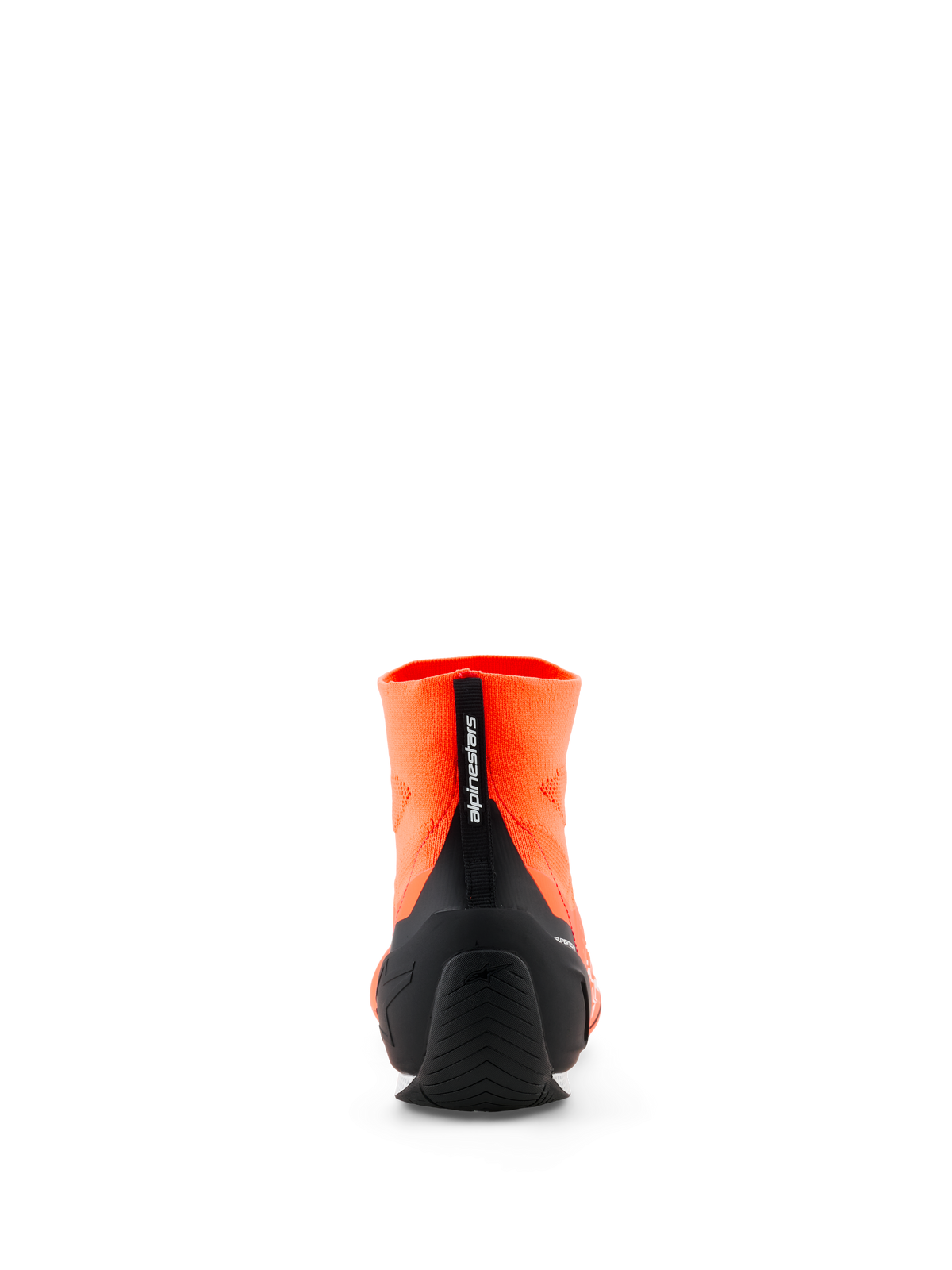 Alpinestars Supertech K Shoes - FIA, Karting Shoes, Orange Fluo and Black, rear view showing the knitted upper, black injected TPU heel counter, and vertical pull tab with Alpinestars branding, professional motorsport footwear.
