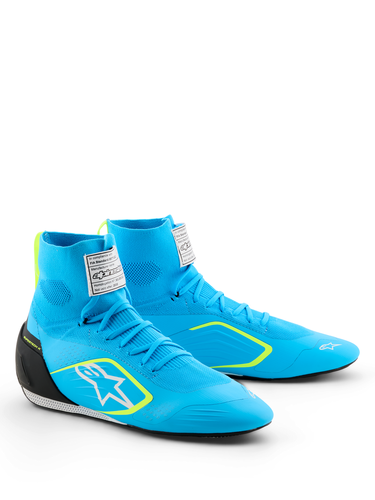 Alpinestars Supertech K Shoes - FIA, buty kartingowe, jasnoniebieskie z czarnymi i żółtymi neonowymi akcentami, wysoka dzianinowa cholewka, białe logo Astars z boku, czarny zapiętek TPU, profesjonalne obuwie wyczynowe do sportów motorowych