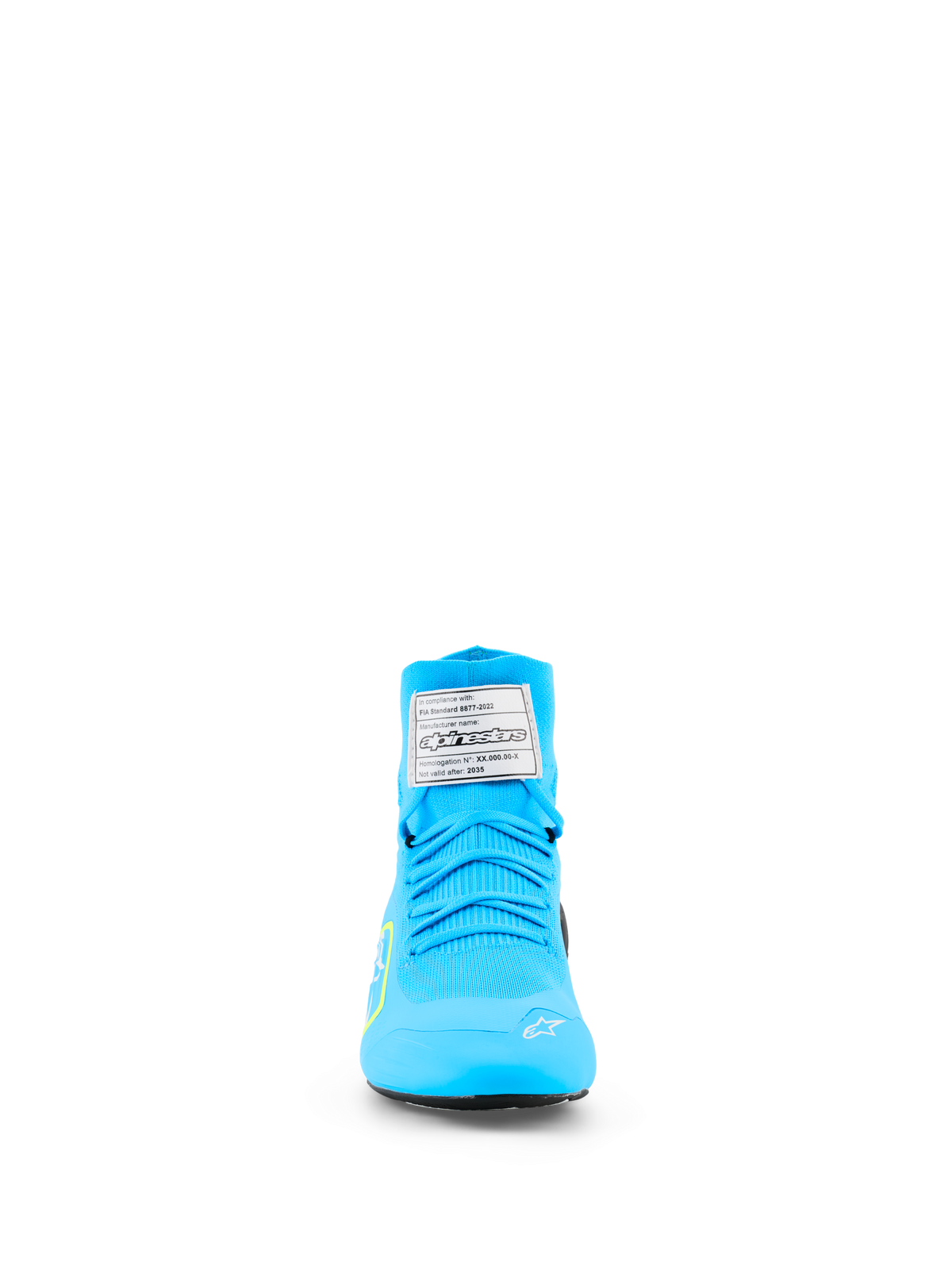 Alpinestars Supertech K Shoes - FIA, buty kartingowe, jasnoniebieskie i żółte fluo, widok z przodu z w pełni dzianą cholewką, białą etykietą certyfikacji FIA na języku i białym logo gwiazdy na czubku
