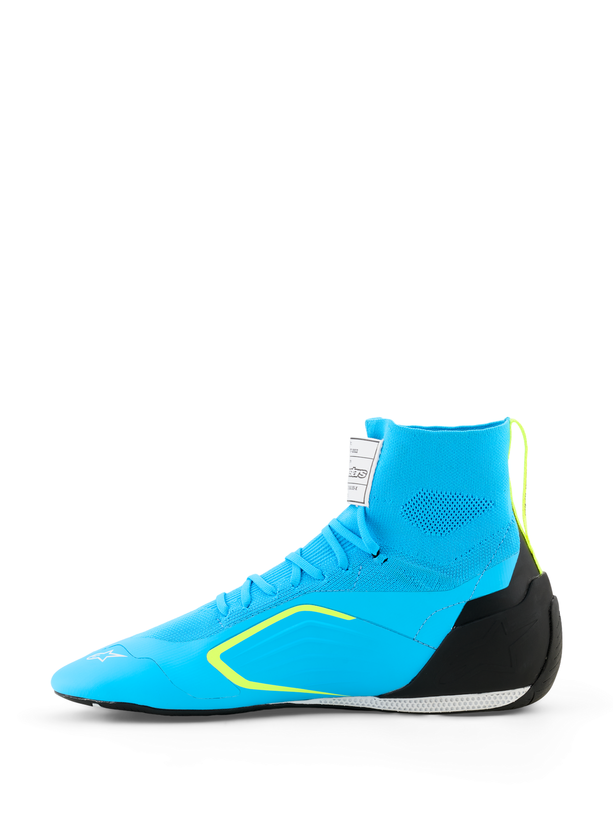 Buty Alpinestars Supertech K - FIA, buty kartingowe, jasnoniebieskie z czarnymi i żółtymi neonowymi akcentami, widok z boku przedstawiający dzianą konstrukcję cholewki, zapiętek TPU i cienką podeszwę wyścigową