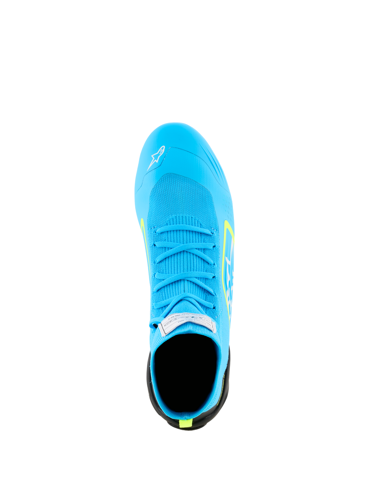 Buty Alpinestars Supertech K - FIA, buty kartingowe, jasnoniebieskie z żółtymi akcentami fluo, widok z góry przedstawiający w pełni dzianą cholewkę, dopasowane niebieskie sznurowadła oraz metkę z certyfikatem FIA na języku