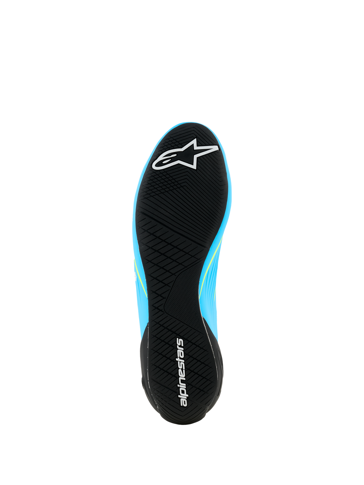Alpinestars Supertech K Shoes - FIA, buty kartingowe, jasnoniebieskie i czarne z żółtymi akcentami fluo, widok od spodu na ultracienką gumową podeszwę z asymetrycznym bieżnikiem i logo Alpinestars