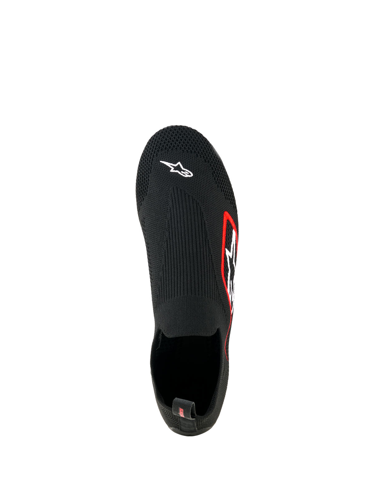 Alpinestars Tech Gaming Shoes, buty do sim racingu, czarne, widok z góry, bezszwowa dzianinowa elastyczna cholewka z białym logo Astar na nosku, logo z czerwoną obwódką z boku, lekka konstrukcja przypominająca skarpetę