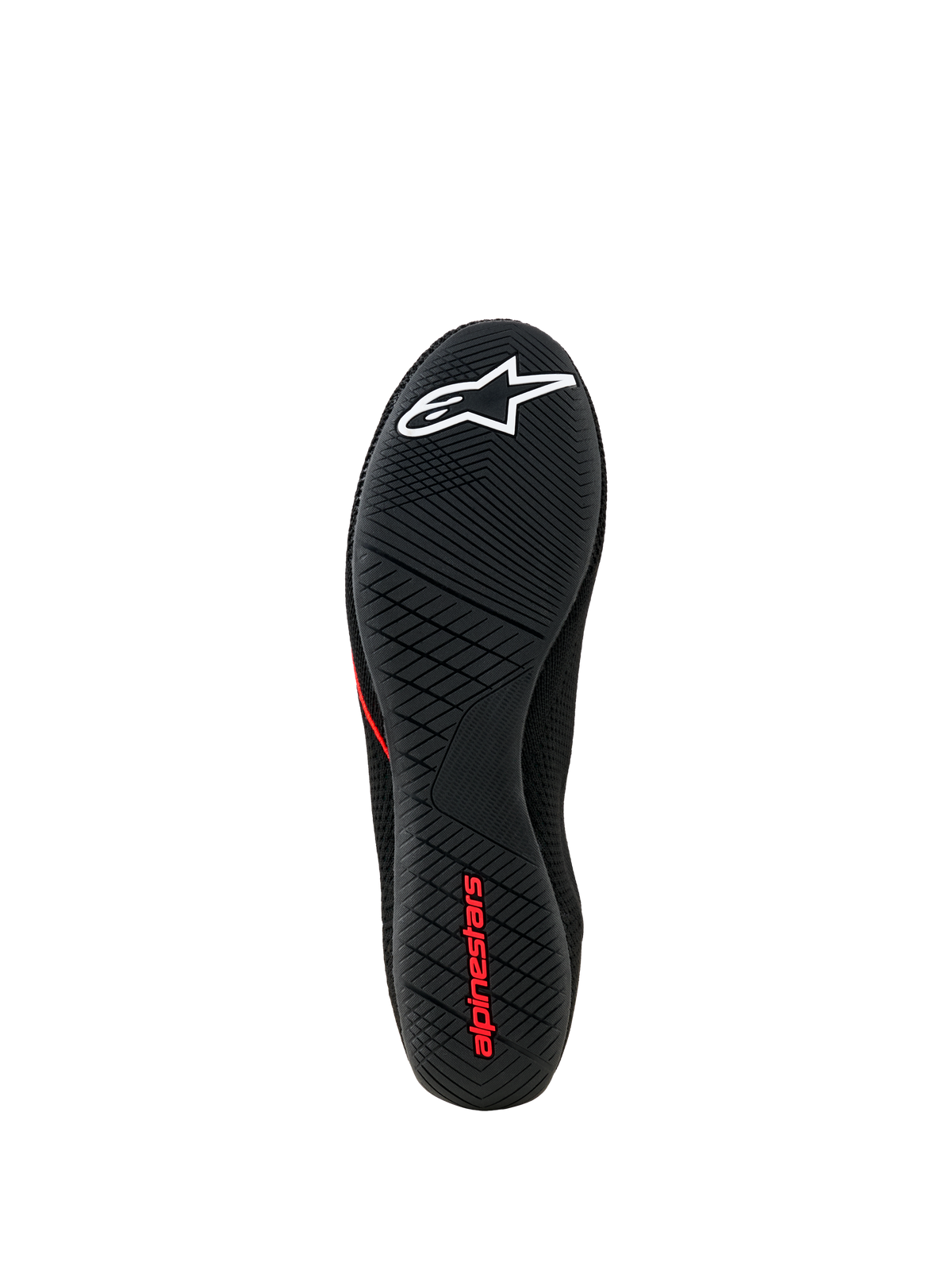 Buty Alpinestars Tech Gaming, widok podeszwy, czarna ultracienka gumowa podeszwa z teksturowanym wzorem przyczepności, białe logo z gwiazdą i czerwony napis Alpinestars, obuwie do sim-racingu