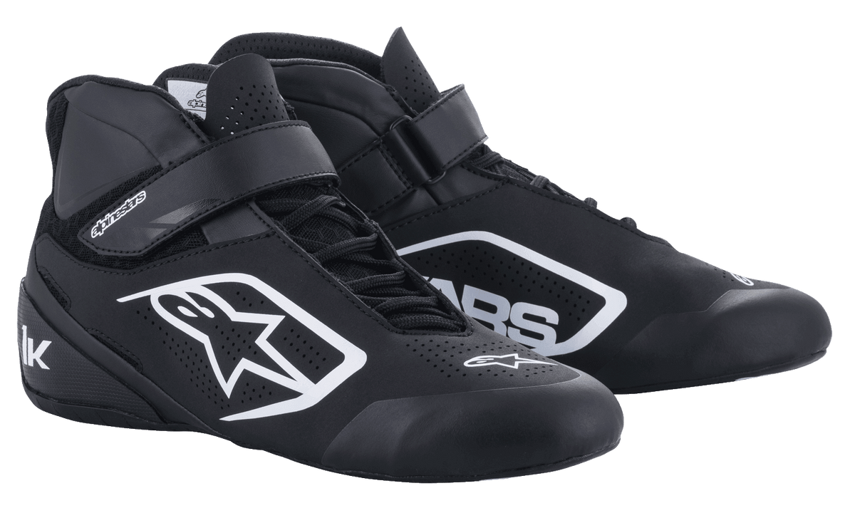 Alpinestars Tech-1 K V2 i młodzieżowe Tech-1 K V2, czarno-białe buty kartingowe, perforowana mikrofibra, paski na rzep.