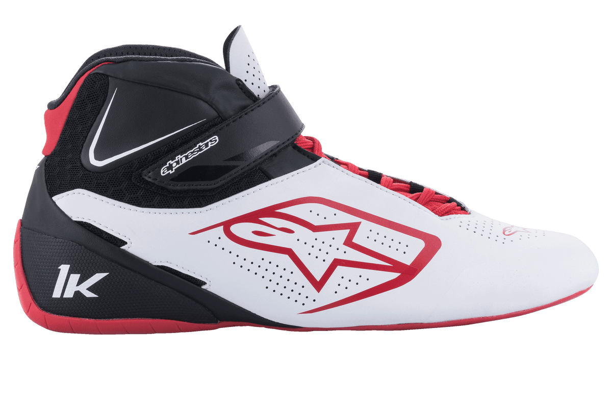 Alpinestars Tech-1 K V2 Shoes, Karting Shoes, White Black and Red, profile view featuring perforated white panels, red star logo, black ankle strap, and red laces, specialized motorsport footwear