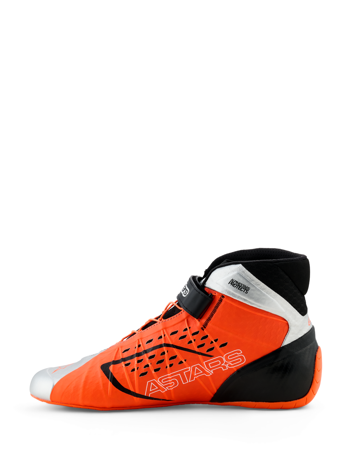 Alpinestars Tech-1 KX V3 Shoes, Karting Shoes, Orange Fluo Black and Silver, side profile view, featuring the ASTARS logo on the side, adjustable ankle strap, and sleek aerodynamic design for professional racing.