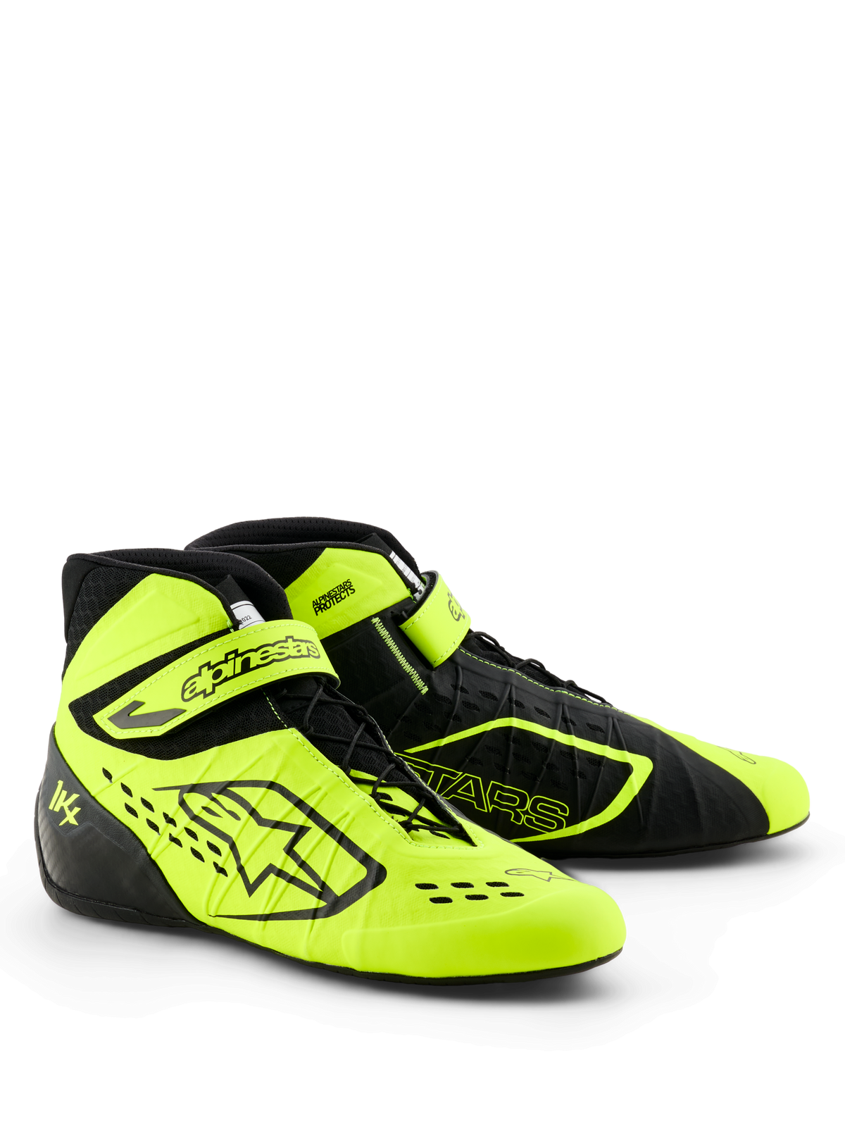 Alpinestars Tech-1 KX V3 Karting Shoes, Black and Yellow Fluo, sleek performance profile, asymmetric lacing with adjustable ankle strap, laser-cut perforations for breathability, lightweight thermo-welded construction, FIA 8877-2022 certified motorsport footwear