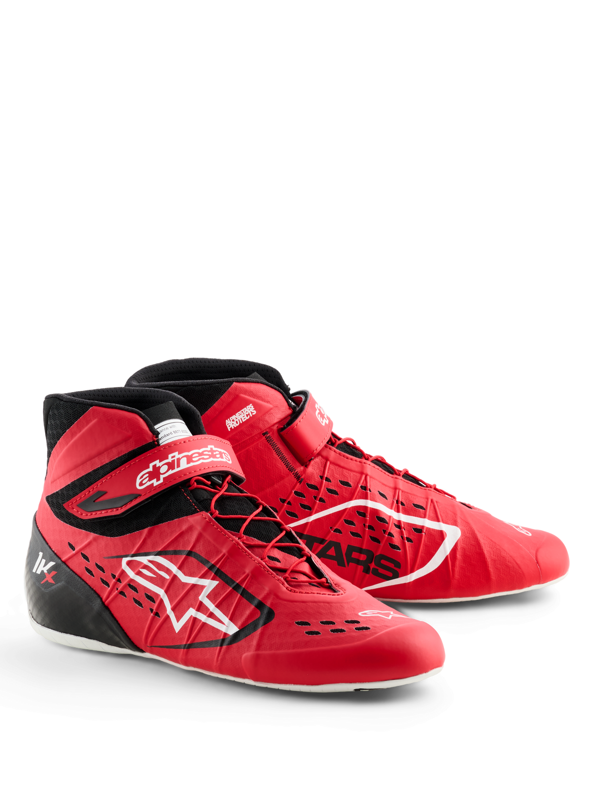 Buty Alpinestars Tech-1 KX V3, buty kartingowe, czerwono-czarne, z asymetrycznym sznurowaniem i paskiem na rzep przy kostce, białe logo Alpinestars, laserowo wycinane wloty powietrza, lekka bezszwowa konstrukcja zapewniająca profesjonalną wydajność w sportach motorowych