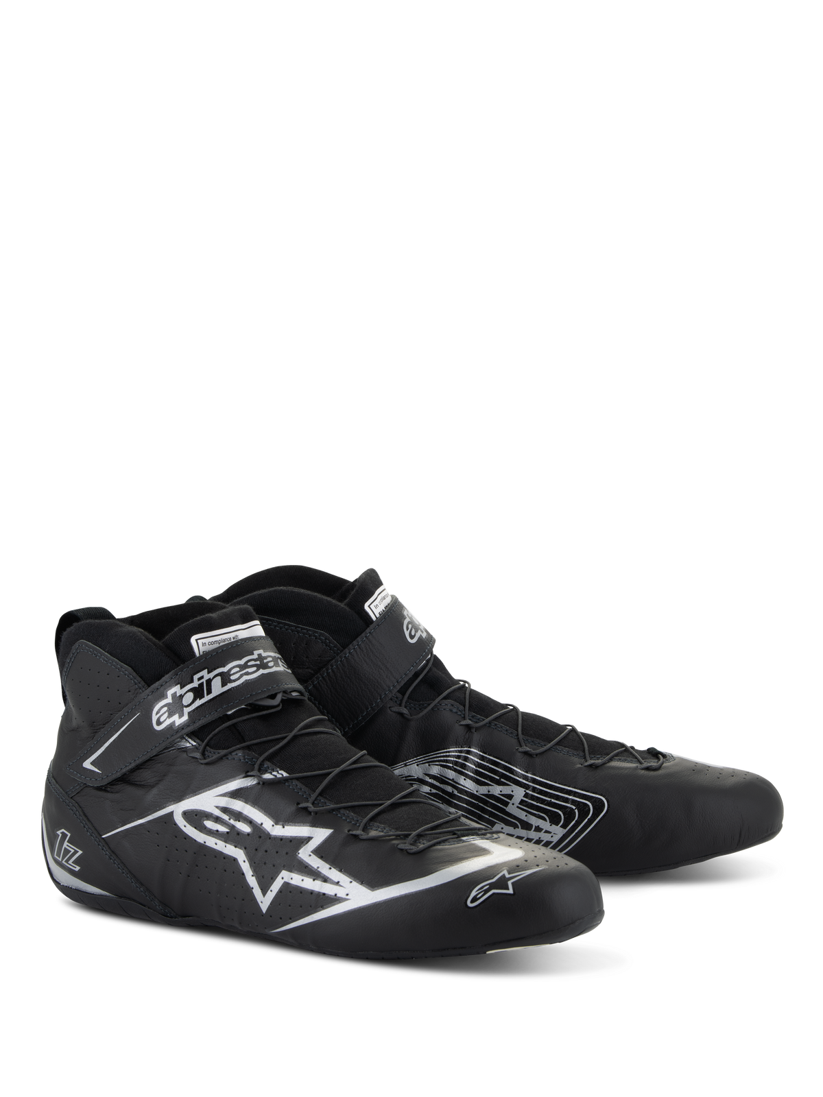 Alpinestars Tech-1 Z V3 Shoes FIA, buty samochodowe, czarno-srebrne, wysokiej jakości skóra bydlęca ze srebrnym logo gwiazdy Alpinestars, smukły niski profil z systemem szybkiego sznurowania i paskiem na rzep
